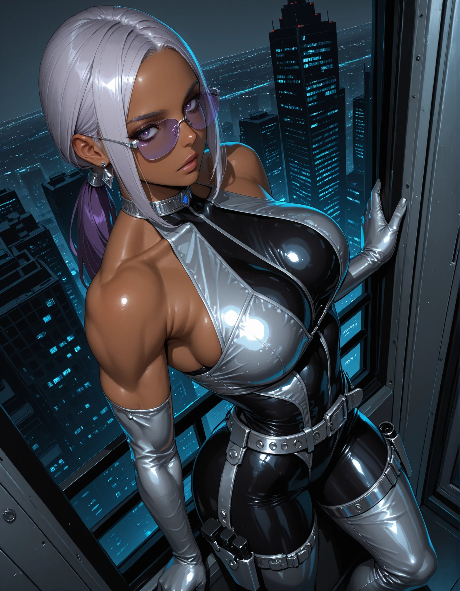 (masterpiece, top quality, best quality, official art, beautiful and aesthetic:1.2), (1girl shiraki meiko:1.3), fair skin, extremely detailed, looking at viewer, solo, (torso), sweat droplets on body, simple background, choker, glasses, hair bun, prison school, smirk, mysterious, thigh-high boots, long boots, garters, ((((slim sexy body, medium breasts)))), slim waist, long legs, dutch angle,