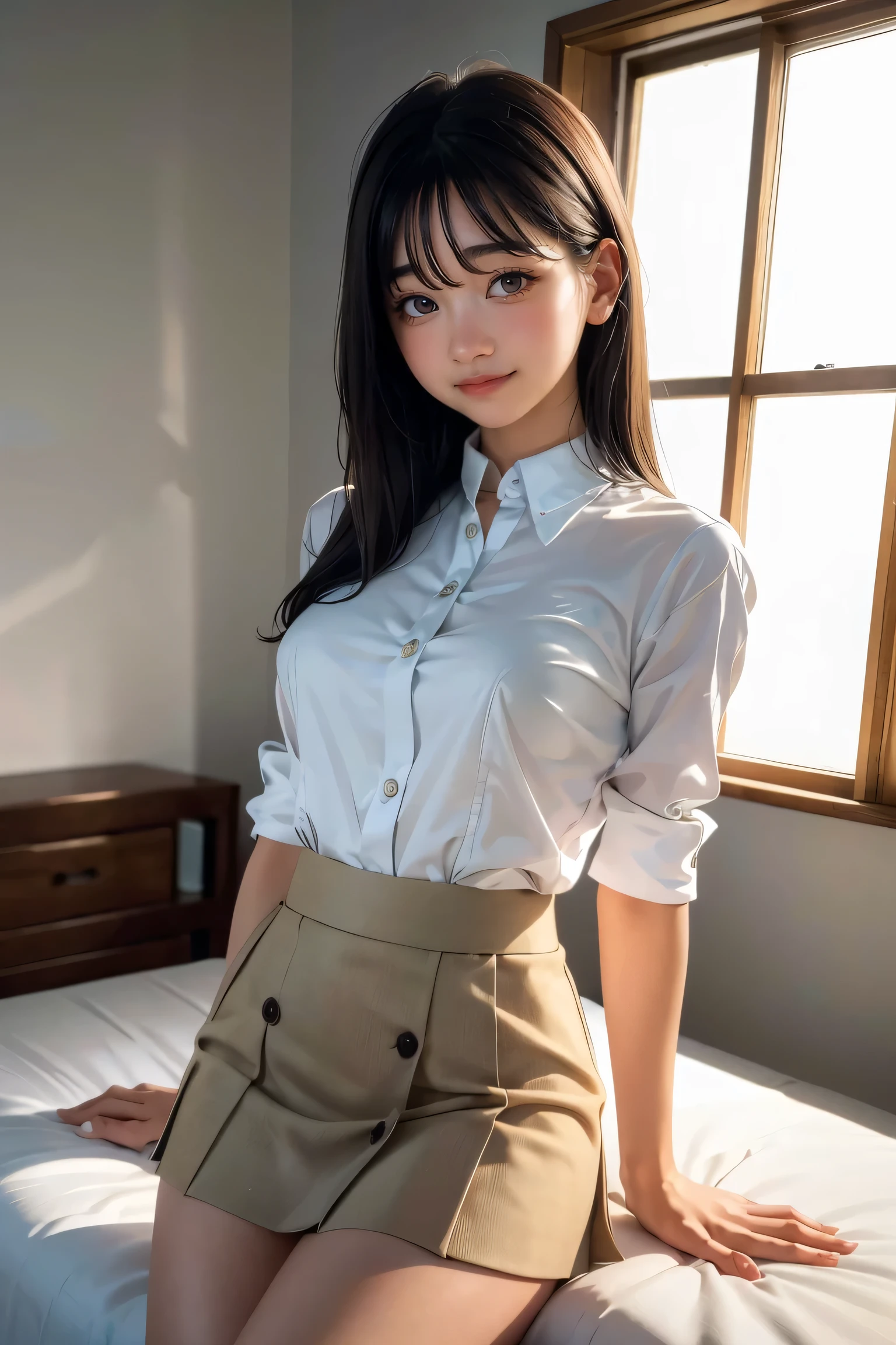 ((Kumiko Goto:1.3))Beautiful detailed face、Pale skin、Realistic glowing skin、Detailed cloth texture、Detailed hair texture、Perfect body、Beautiful Face、correct、Anatomically correct、 Highly detailed face and skin texture、Natural neck length、(Beautiful Hands)、(Fair skin:1.2)、Thin legs、Thin legs、 break 細かい目元、Symmetrical eyes、Light brown eyes、double eyelid、Thin eyebrows、(Glossy Lips:1.4)、((Gentle smile:1.2))、(blush:1.1)、 break (Elegant and cute girl:1.3)、Medium-sized large breasts、(Slim body type:1.1)、Toned Abs、Beautiful clavicle、 (Dark Blonde、Wavy Hair、Long Hair:1.2)、 ((Asymmetrical bangs:1.2))、((In a stylish office at night:1.4))、(Cowboy Shot:1.2)、white long sleeve button up blouse,_brown tweed mini skirt,Put the shirt inside the skirt、((look down at the viewer,from below:1.5)),