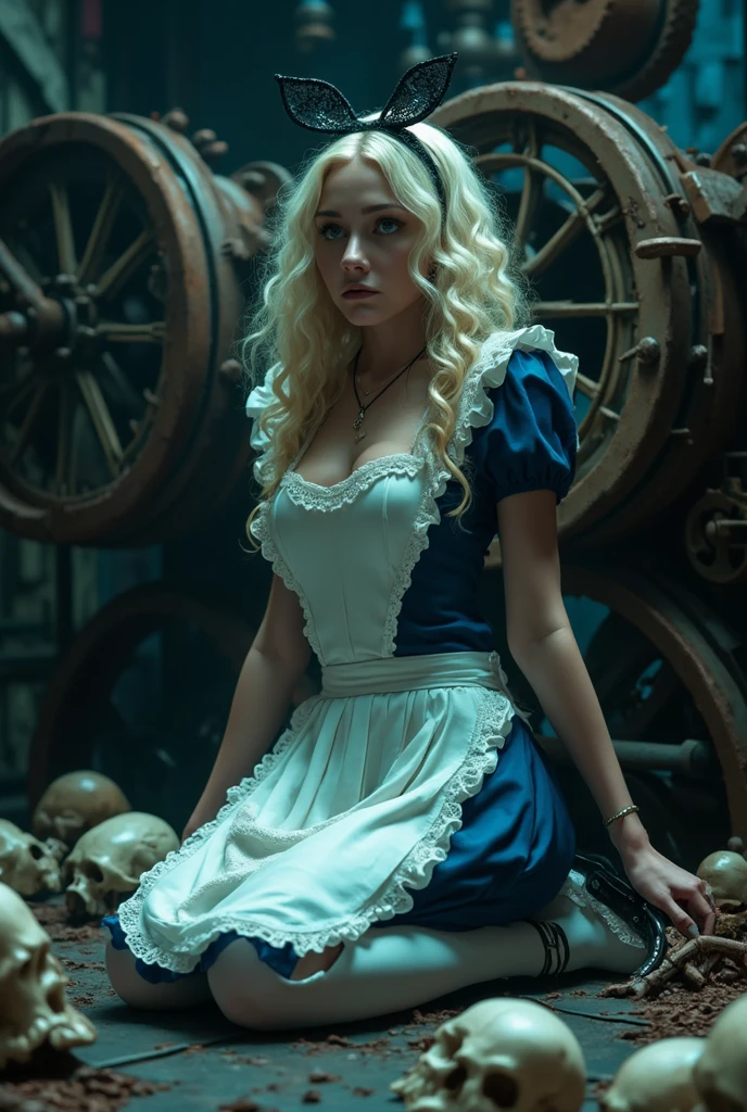 Close up of an adult woman as (Alice in Wonderland:1.1), dressed in tight attire, amidst an intense city landscape with a Blade Runner aesthetic, narrow street crowded with people, rain, steam, neon, dark, (small:1.5)