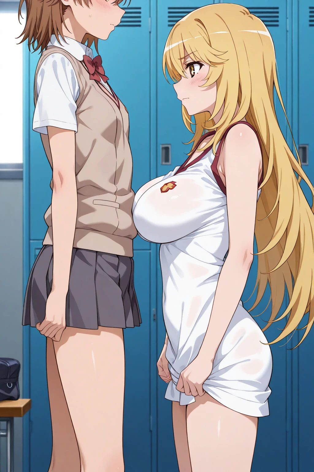 score_9, score_8_up,   pretty girl .  blonde hair .    long hair  .      source_anime  Bibl3  .  in office  .  empty eyes      .  good eyes.  detailed .   pubic hair  .    crazed  face.  eye focus.  huge breasts, blush     .   female in , lifting skirt, smile, standing sex, sex from the front, cum in pussy, huge penis, detailed pussy, detailed penis, exposed breasts