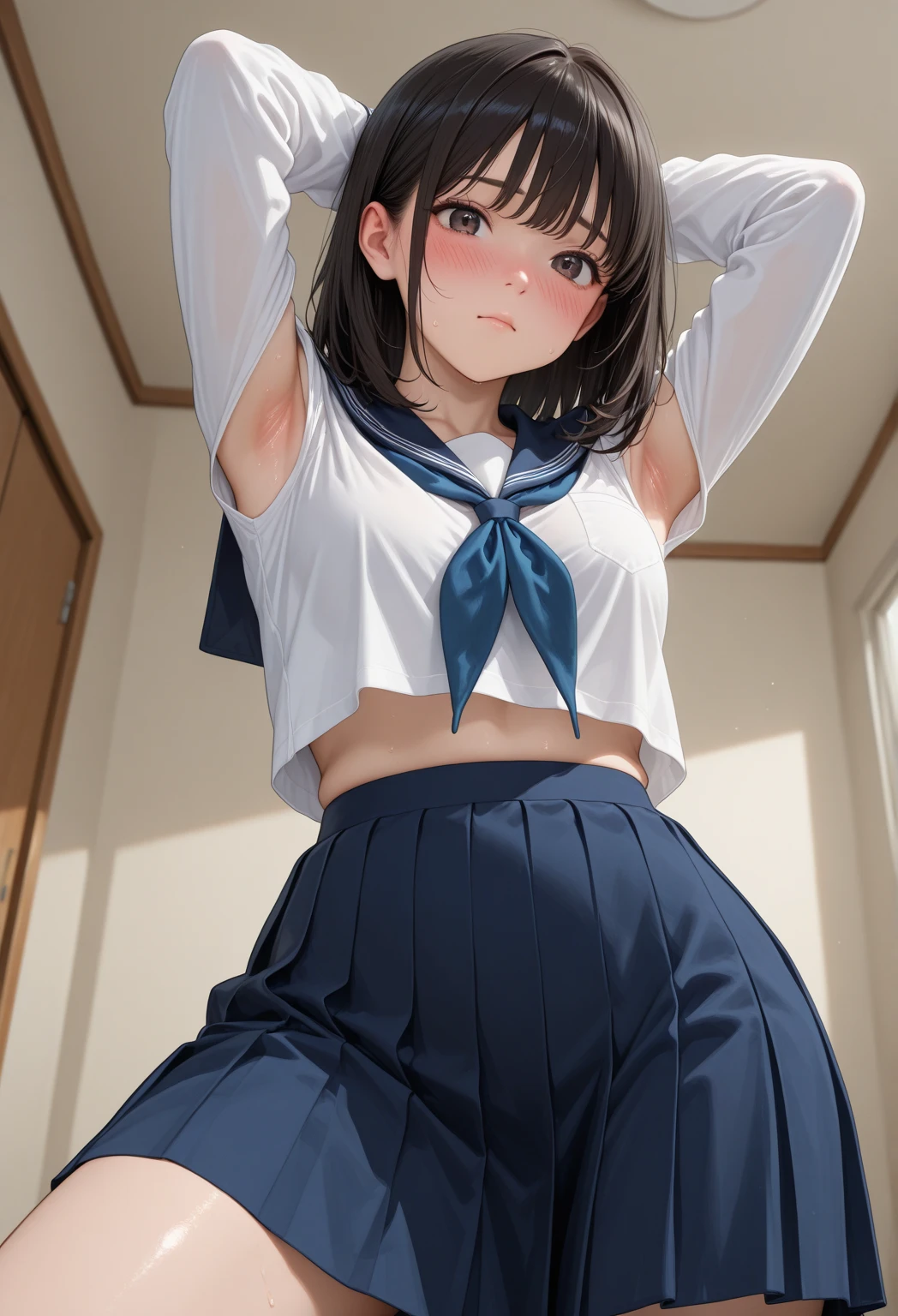 nsfw,alone, (One girl), Elementary school girl,8-year-old, ((White panties)), (wearing only the top half of sailor school uniform),sexy, (Cowboy Shot),  ((Put your arms behind your head)), classroom, With a girl：Her hair is long and black, Her face is round and cute, Black Hair, Low twin tails, (Are standing),(Shy, Embarrassing),from below,from the front,(pussy juice),