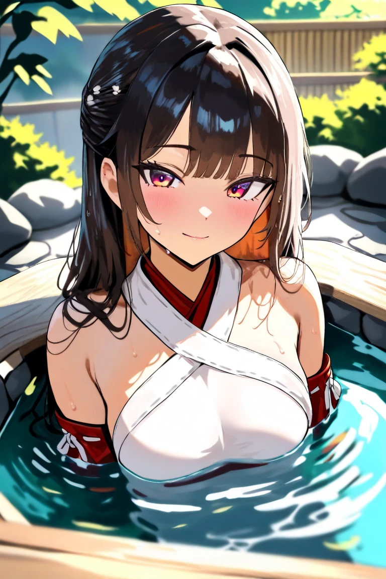 1girl, black hair,samurai (final fantasy), final fantasy character,seductive posture,blush,embarrassed,
preparing to enter hot spring, outdoor onsen scene,
wearing only a white towel or about to remove it,
long wet hair, some strands clinging to skin,
tenugui headband removed, placed nearby,
steam rising from hot spring water,
natural rock formations, bamboo fence surrounding onsen,
Japanese maple trees with red leaves in background,
moonlit night sky, stars visible,
discarded yukata and obi on nearby bench,
Japanese sword and removed samurai armor pieces visible in background,
soft ambient lighting from paper lanterns,
water reflections, detailed skin texture,
subtle final fantasy aesthetic elements,
serene expression, relaxed pose,
masterpiece, best quality, absurdres