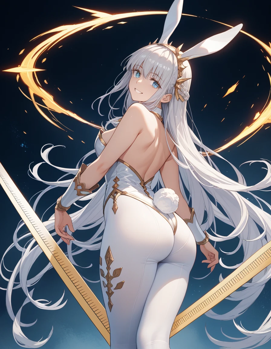 sexy girl, no clothes, girl from the back, black panties, big ass, white background,  white hair, white pigtail hair