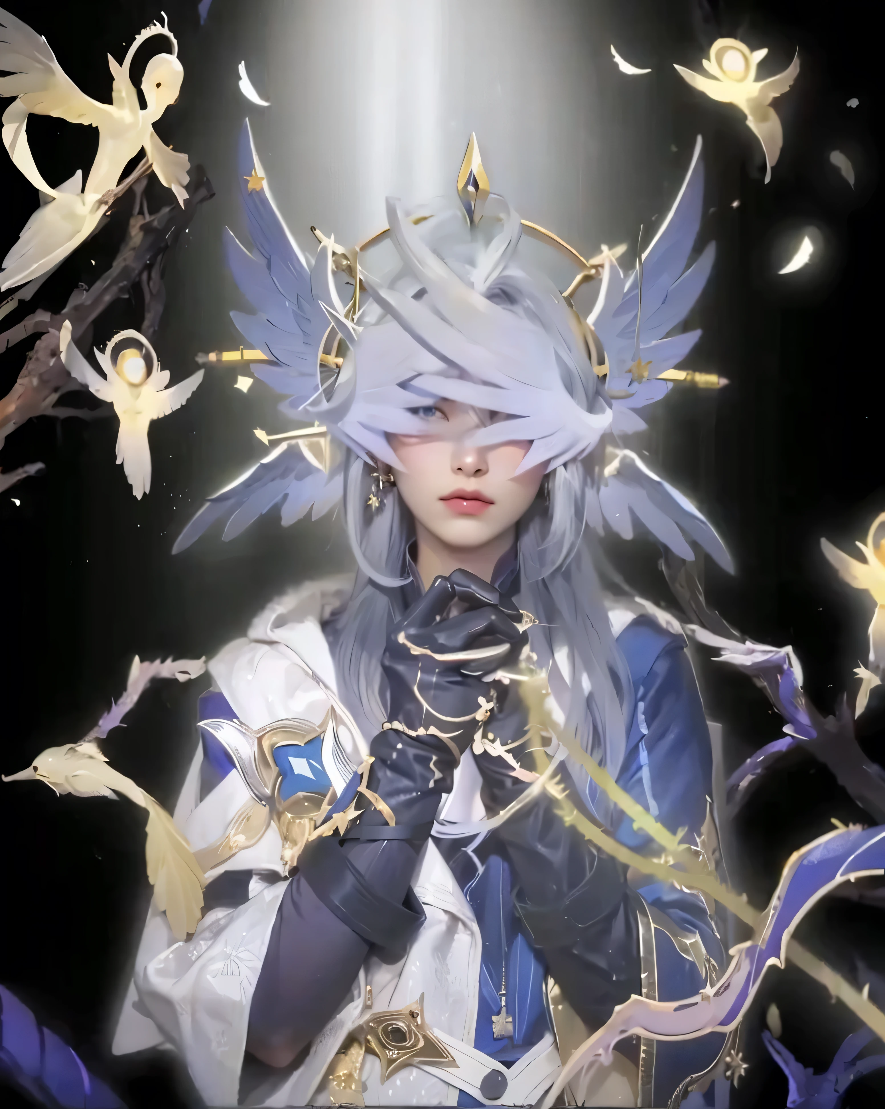 ((SUNDAY_HONKAI STAR RAIL),((realistic, photorealistic)),(highlight hair)), Light reflection, (( HD )),((upper body)), (((best quality, masterpiece))), (masterpiece) (best quality) (detail) (8k) (HDR) (wallpaper) (cinematic lighting) (sharp focuasterpiece, best quality: 1.1), Real life adaption of this character, Asian beauty face, Shining Purple eyes, realistic outfit, realistic shadow, realistic light, realism, hyper realistic, realistic background,(photorealistic:1.2), (masterpiece, top quality, best quality, beautiful and aesthetic:1.2),(8k, best quality, masterpiece:1.2), (((masterpiece))),(((best quality))),(((extremely detailed))),who, (masterpiece, top quality, best quality, beautiful and aesthetic:1.2),(8k, best quality, masterpiece:1.2), ((masterpiece,best quality)), masterpiece,best quality,amazing quality, very aesthetic, (masterpiece),masterpiece, best quality, absurdres, perfect anatomy, sunday \(honkai star rail\),1boy,head wings,male focus,gloves,solo,wings,black gloves,jewelry,hair between eyes,long sleeves,earrings,ring,pants,coat, feathers, halo, scarf, white coat,sunday \(honkai star rail\),1boy,head wings,male focus,gloves,solo,wings,black gloves,jewelry,hair between eyes,bird,long sleeves,parted lips,earrings,ring,pants,Glow effect, golden roots wrapped around the legs, flying shawl, golden bird feathers, flash clouds, s ears Golden bird feathers, lens flares, twining roots,Wing ears,(Perfect hands perfect anatomy)