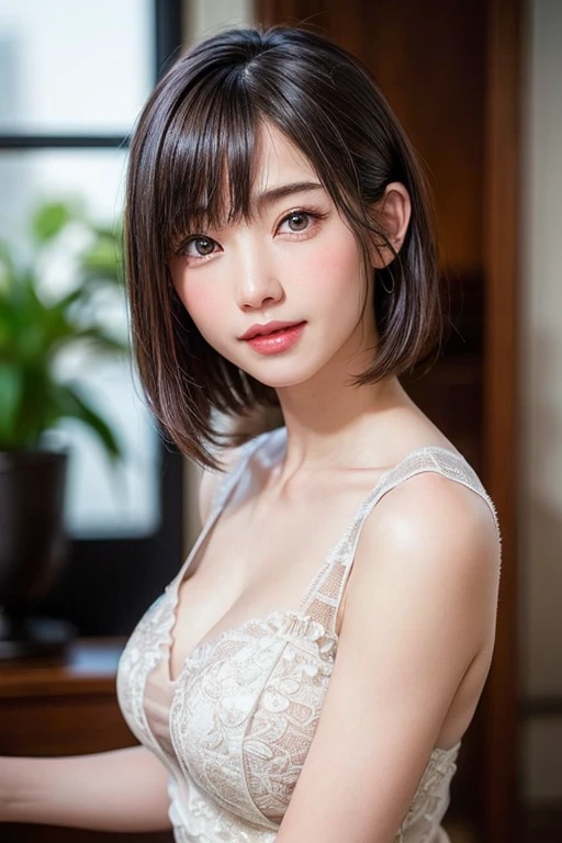 (highest quality:1.5)、(Realistic:1.5)、(1 person:1.5)、(Upper Body:1.5)、Very detailed、High resolution、8k wallpaper、、Small breasts、Natural color lips、Cute Smile、Japanese women、20-year-old girl、Beautiful and elegant face、Perfect and beautiful face、Big eyes、Brunette's eyes、Beautiful and elegant face、Perfect and beautiful double eyelids、Natural Bangs、Beautiful thin nose、Beautiful Skin、Chestnut Hair、Medium Bob Hair、Shortcuts、Natural Bangs、Perfect and beautiful face、Slim face and figure、(Looking at the camera with a cute expression)、Bright lighting、Professional Lighting、Forward lighting、Cute Smile、Ceremony venue、dress、Beautiful cleavage、mini skirt、Facing forward、Simple poses、