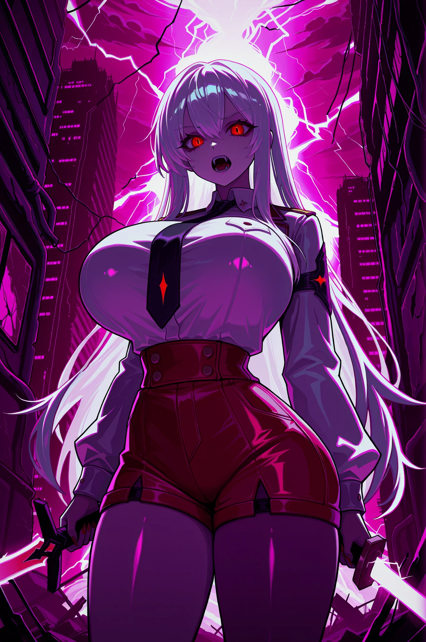 long white hair, vampire, glowing detailed red eyes, uniform, white shirt, tie, red shorts, holding sword, 1girl, solo, vampire fangs, huge breasts, ruined futuristic city, dystopia, lightning storm, pink lighting, volumetric lighting, cinematic lighting, masterpiece, best quality, amazing quality, very aesthetic, absurdres, newest,
