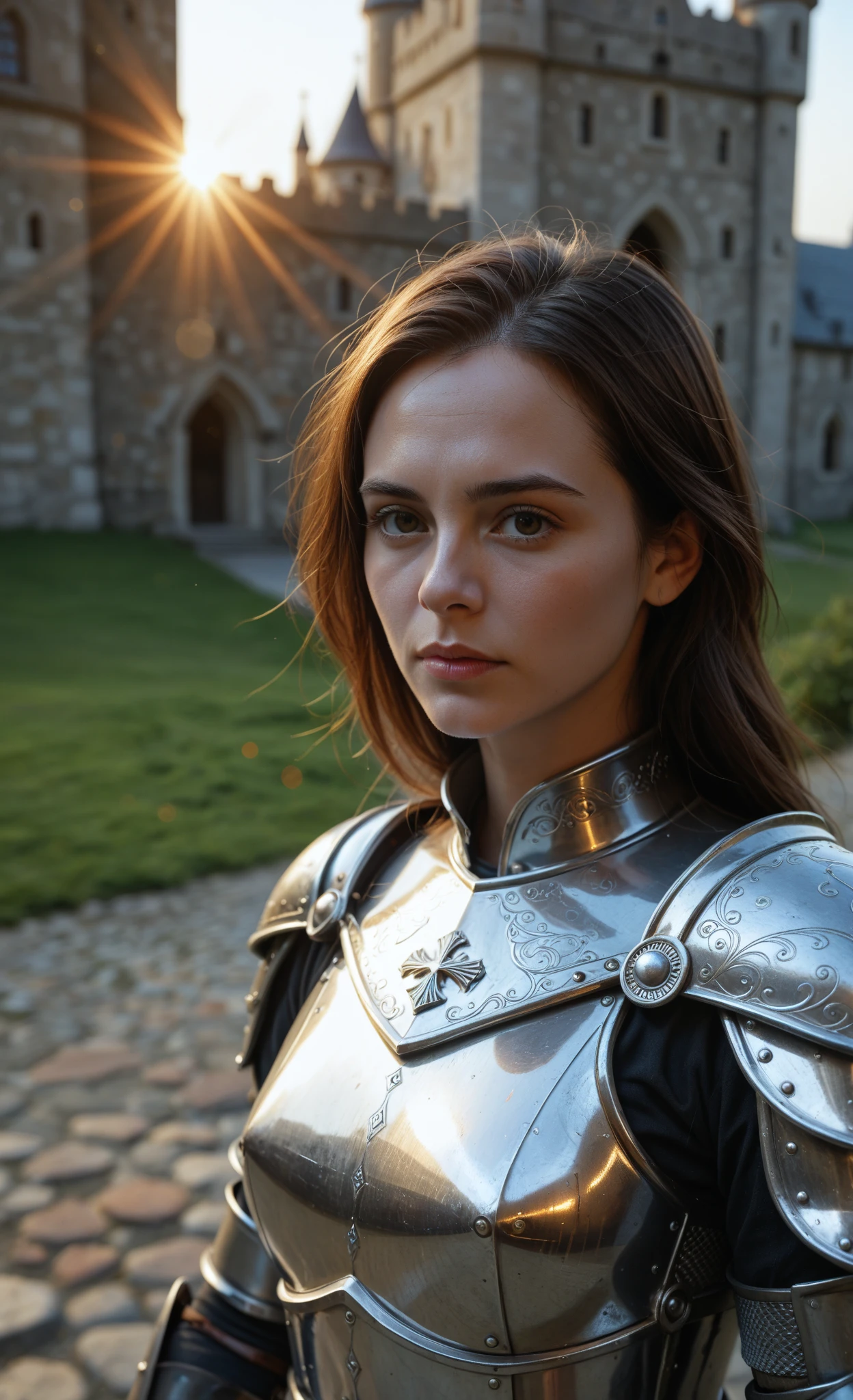 (best quality,4k,8k,highres,masterpiece:1.2),ultra-detailed,(realistic,photorealistic,photo-realistic:1.37), wide shot, Jeanne d'Arc, Joan of Arc, female knight standing inside a cathedral, short brown hair, historical accurate armour, heroic posture, cinematic lighting, vibrant colors, great composition