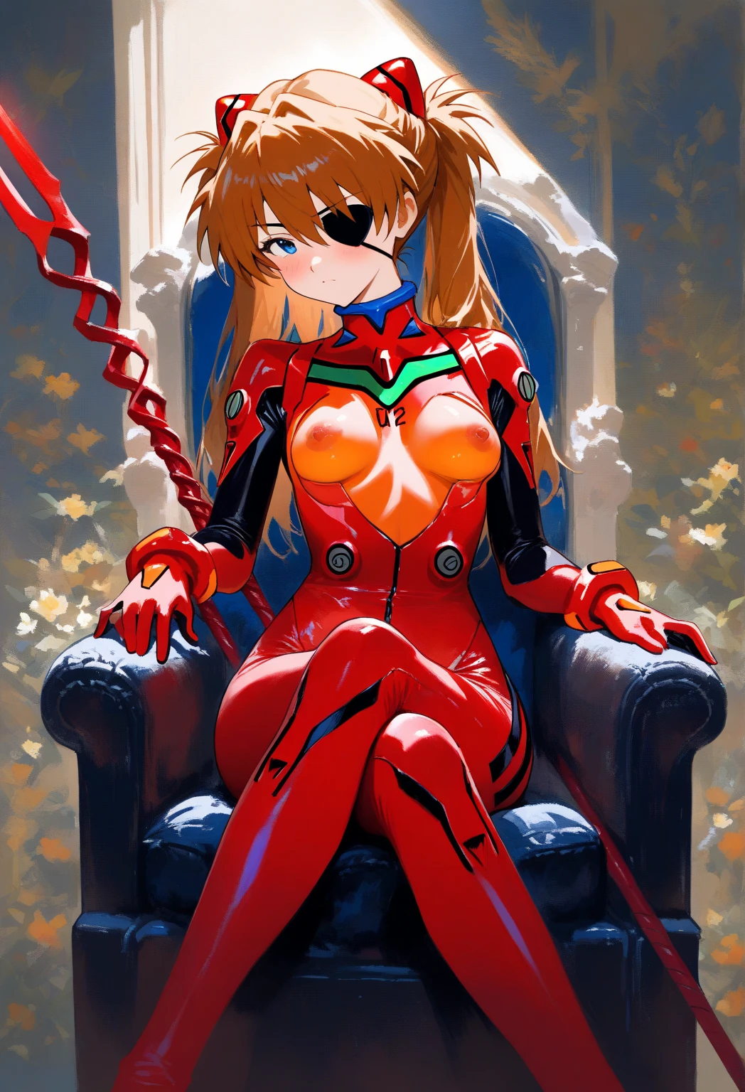 One girl, Soryu Asuka Langley, Neon Genesis EVANGELION, Evangelion New Theatrical Version, Lance of Longinus, Cat hat, Plug Suit, Pilot Suit, Red bodysuit, Sitting, Crossing your legs, Black eyepatch, Throne, Look down, From below, View your viewers, Outdoor, masterpiece, Highest quality, so beautiful, Absurd ,How, Nude, ((1boy)), hetero, ass pov, squatting, cowgirl position, bangs, pussy, nipples, mole, wet hair, (wet), masterpiece, best quality, ultra quality, high quality, realistic, photo realistic, RAW photo, hyper detailed, intricate detailed, film grain,