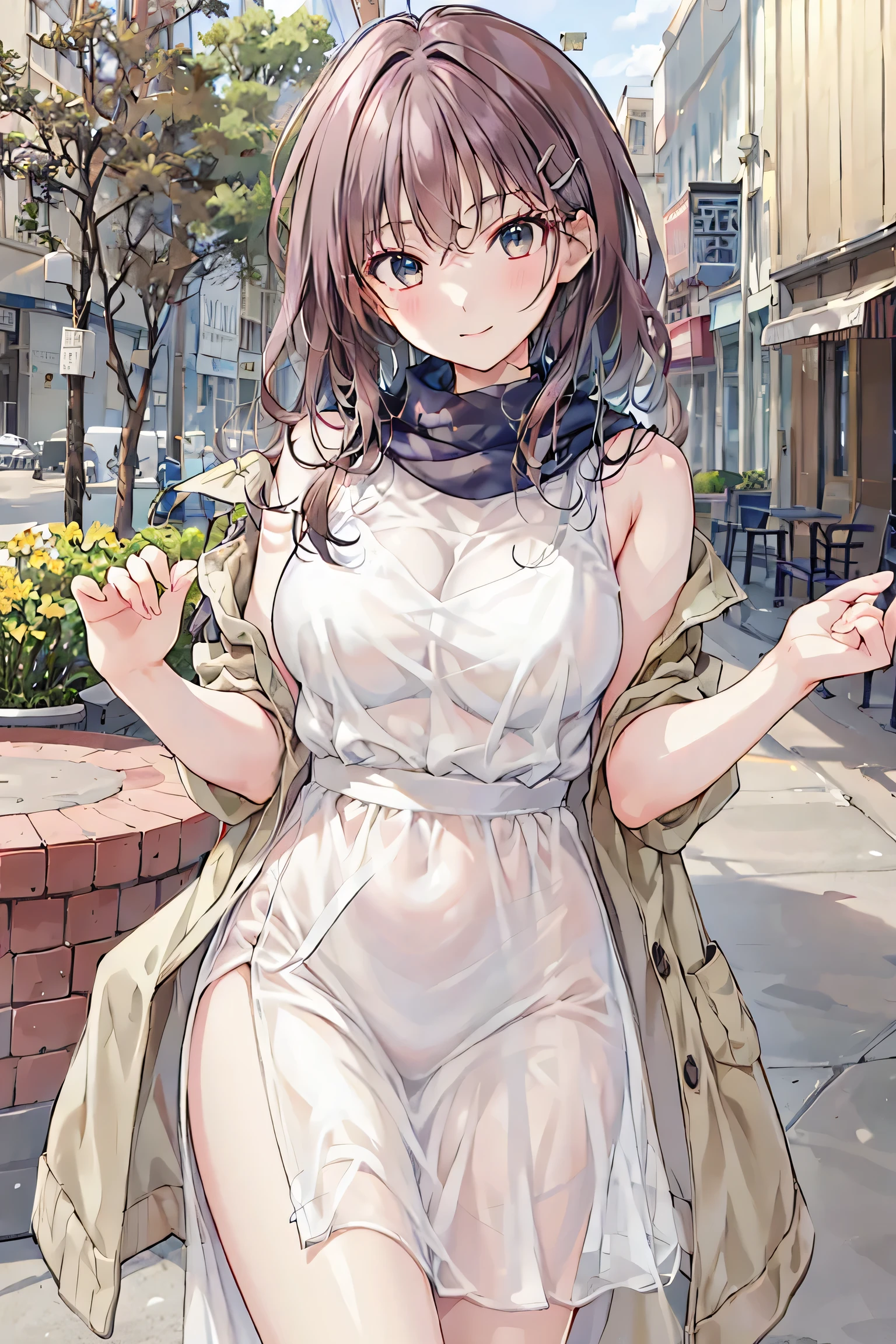 score_9, score_8_up, score_7_up, score_6_up, source_anime,masterpiece, best quality, 8k, 8k UHD, ultra-high resolution, ultra-high definition, highres, shading, good_hands, himesaki rinami, purple eyes, brown hair, hair bun, long hair, blue dress, see-through dress, bare legs, (flats), (shiny skin, wet skin), outdoors, street, solo, 1girl, full body, (squatting),