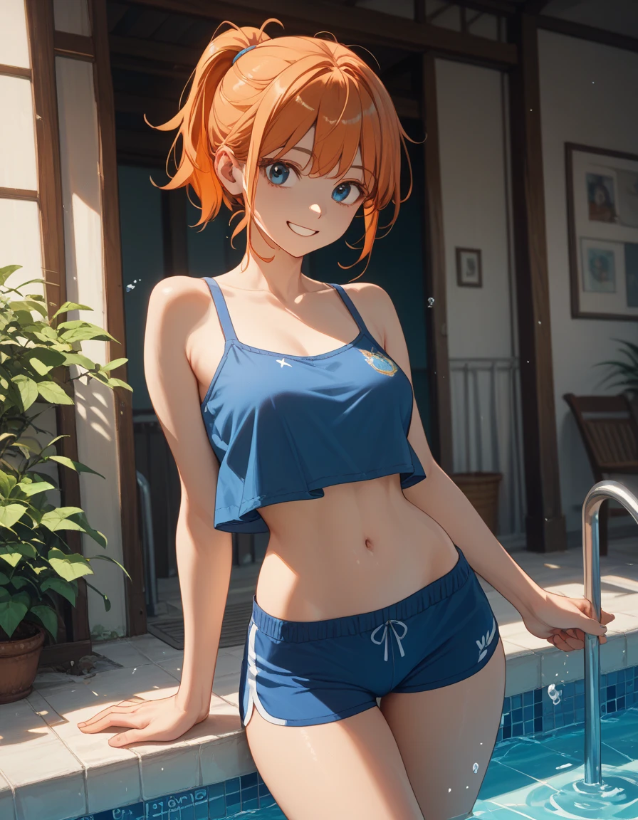 (Masterpiece, Best Quality, High Quality), kousaka honoka, orange hair, side ponytail, blue eyes, volumetric lighting, illustration, beautiful, Blushing, breasts, looking at viewer, flower print filly bikini with microskirt, solo, curvy body, looking to the side, confident, seductive smile, (arms behind back, head tilt), heart pendant, perfect lighting, perfect shadows, pool edge, blushing