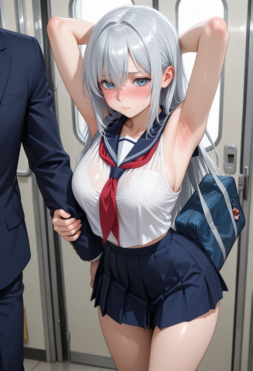 one girl, two boys, Arrange pose,Top quality work, nsfw, Show Legs,(long white hair),(blue eyes), Rose cheeks, Pretty Face, A perfectly proportioned face, school classroom, round small breasts, ((boy put his hand under her panties and rubbing)), (erotic pose), nsfw