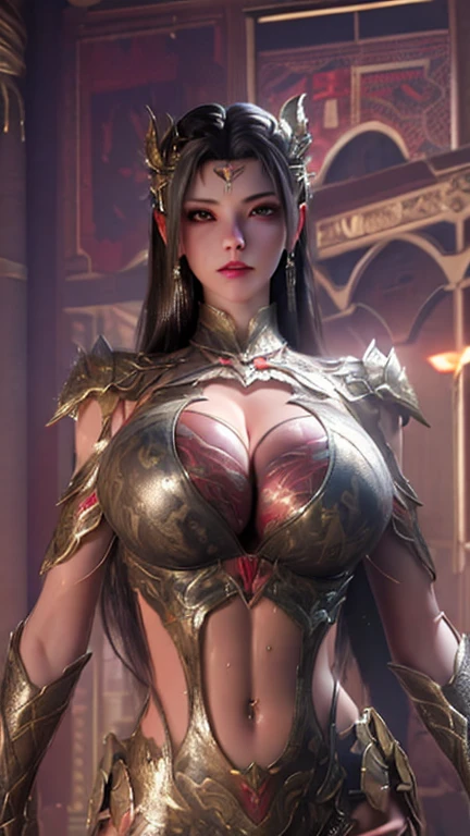 A BUSTY MILF, CLOSE UP UPPER BODY,SOLO, (MASSIVE FAKE BOOBIES,CLEAVAGE TOP, ABS:1.5), ((WEARING OUTFIT MOSTER HUNTER WORLD RED RATHALOS STEEL ARMOR:1.5)),(SLIM BODY SHAPE:1.5), (SWEAT BODYSKIN:1.5), (LOOKING AT VIEWER:1.6), (BACKGROUND FUTURISTIC SPACE STATION:1), (PHOTOREALSITIC:1.4), (ULTRA-DETAILLIERT), (TOP-QUALITY), (BEST SHADOWS), BRIGHT LIGHT IN ROOM, HYPER TEXTURE, (4X MSAA), ((UNREAL ENGINE 5 RENDER)), PHYSICALLY-BASED RENDERING, ULTRA HIGHT DEFINITION, 16K, 1080P.