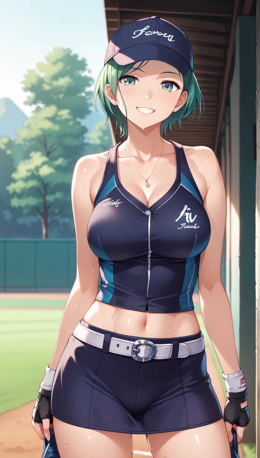 1girl, solo, {53 years old, milf, teal and green hair, messy hair, asymmetrical hair, ahoge, very short hair, aqua eyes, medium breasts, pale skin, glasses}, sports bra, hot pants, smile, outdoors