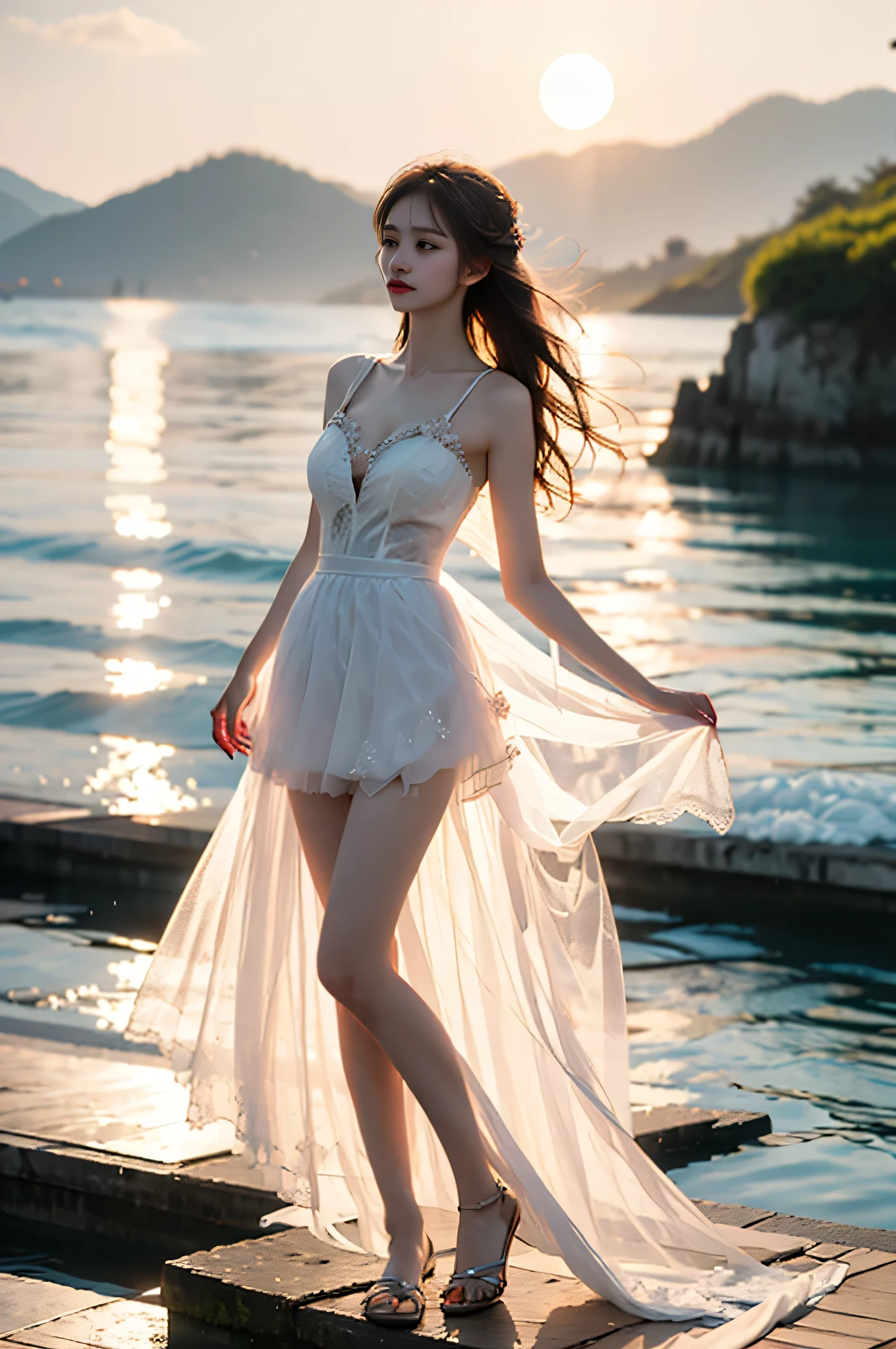 4K HD quality，Masterpiece, exaggerating scene details，Original Photo, (Realisticity: 1.4), 1girl, wearing a lace dress, night, Cinematic Lighting, sitting on the beach