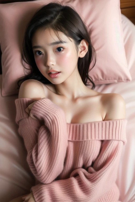 1 girl, 25 years old, south korean, 4k, masterpiece, realistic, realistic textures, frekles under eyes, short whavy black hair, bob hair, shining brown pupils, detailed pupils, red lips, red eyeliners, happy, big smile, closed mouth, a mole in cheeck, sagging breasts, multiple of frekles under eyes, pink off shoulder top, detailed face, lying in bed, facing camera, bright colors, close up, face focus.