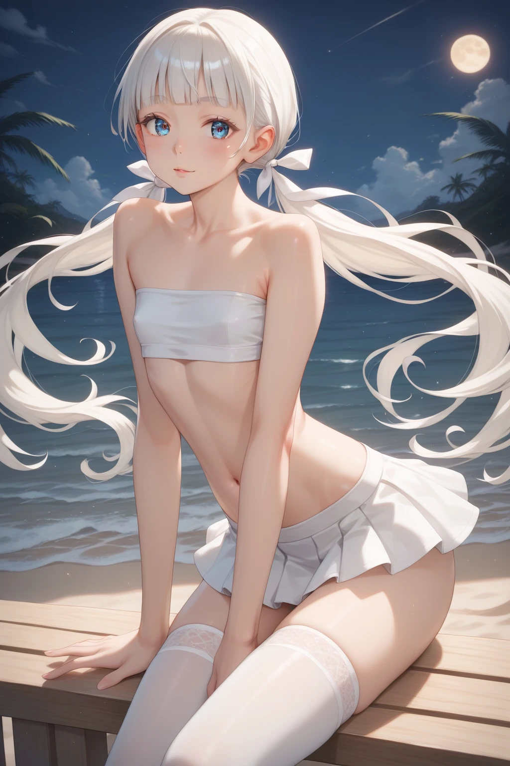 Silver hair, golden eyes, flat chest,slim figure,White swimsuit,Bare waist,Bare Legs,barefoot,Standing,Sunlight,Sea
