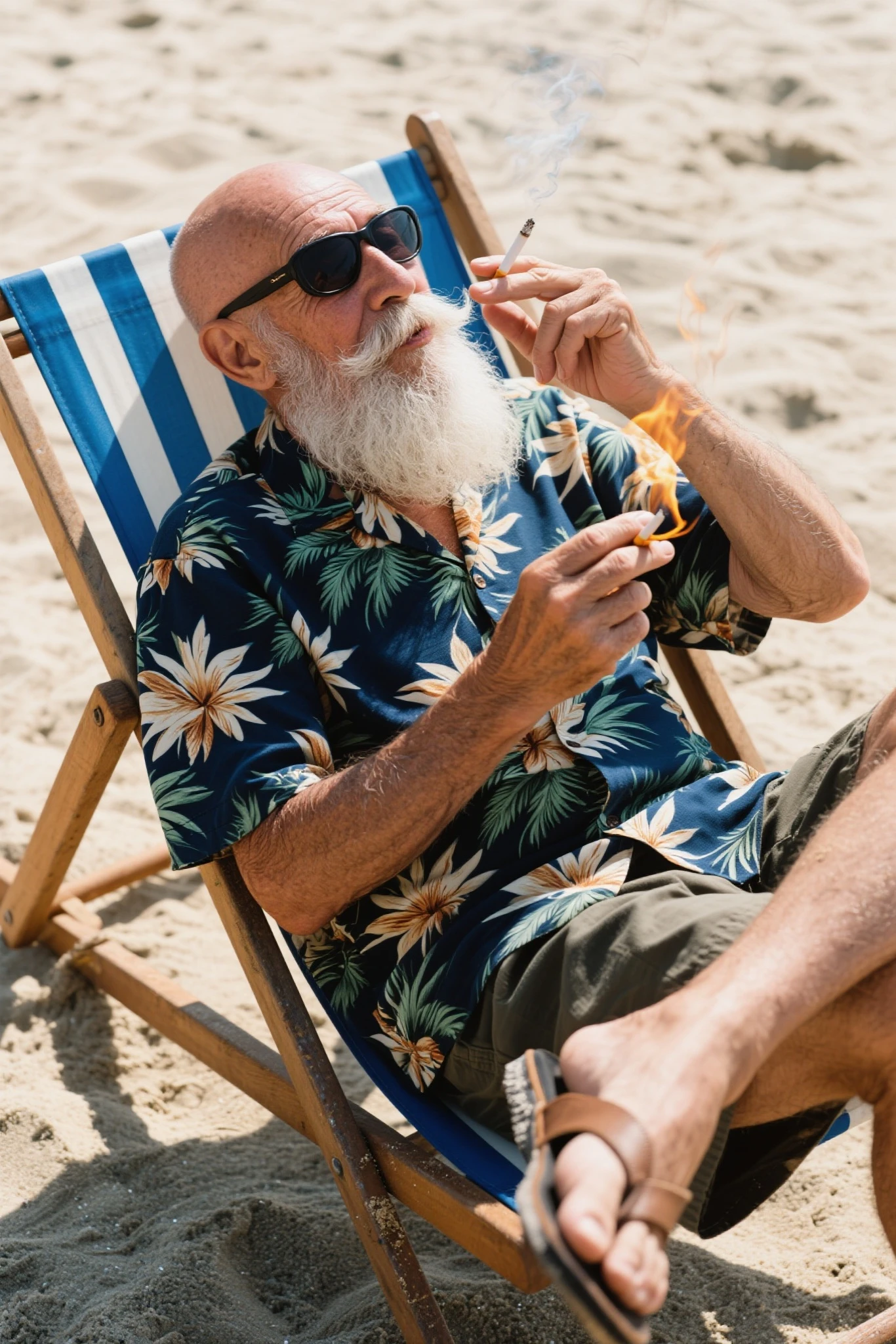 A man sitting in a lawn chair with a pink flamingo, patterned shirt, middle aged, drinking alcohal
