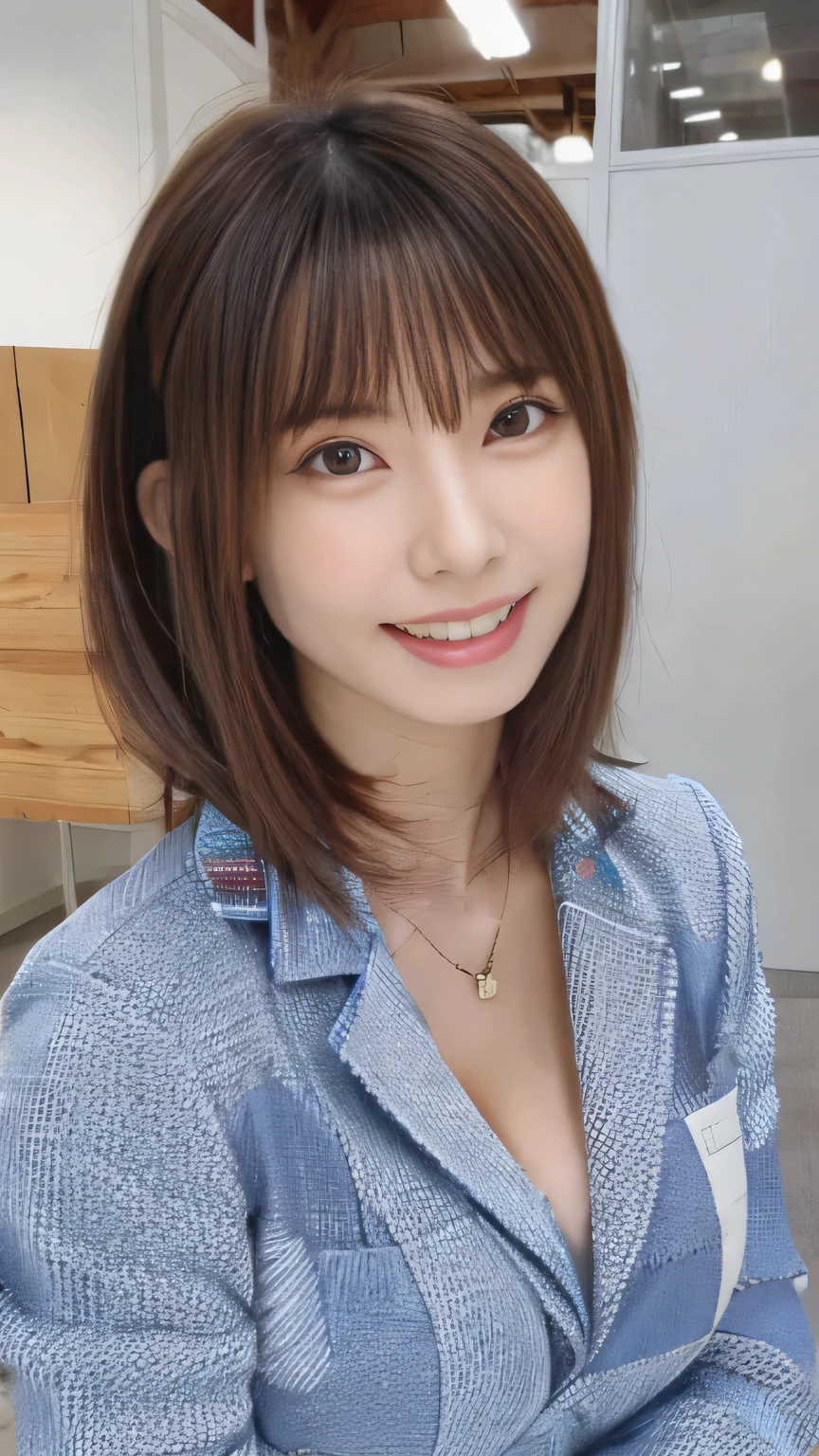 Highest quality:1.2), RAW Photos, High resolution, Very detailed, Intricate details, 、ear piercing、、smile、Beautiful teeth alignment、short hair、Brown Hair、Clear beauty,(High quality fabric, Office Lady Suits ）、Necklace around the neck、, The background is the office