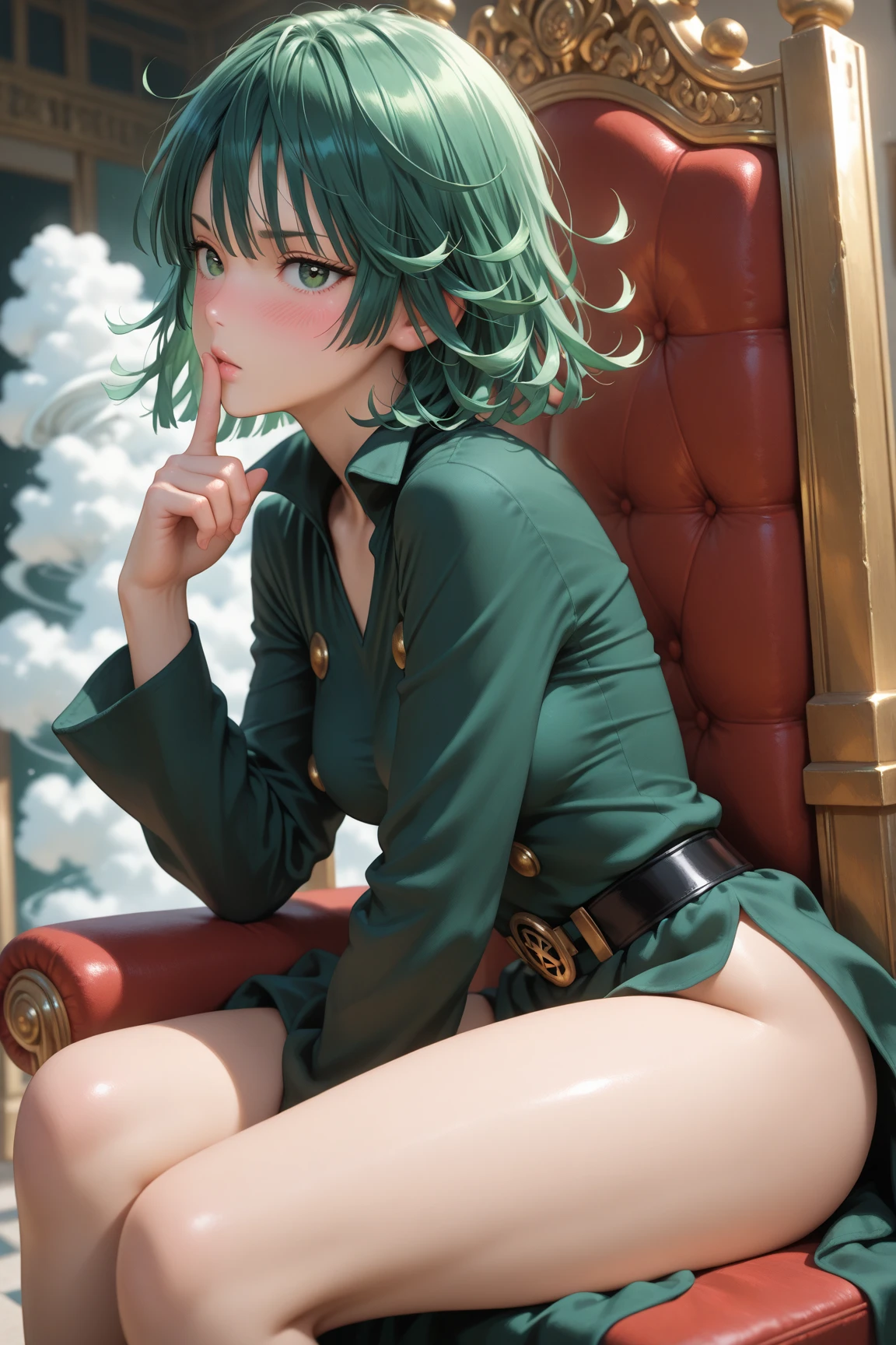 (Masterpiece, Best Quality:1.2), solo, 1girl, tatsumaki,(hair over left eye ),super long hair,unamused, closed mouth, looking a viewer, hand on our face, sitting, She wore Dunhuang flying clothes,big thighs