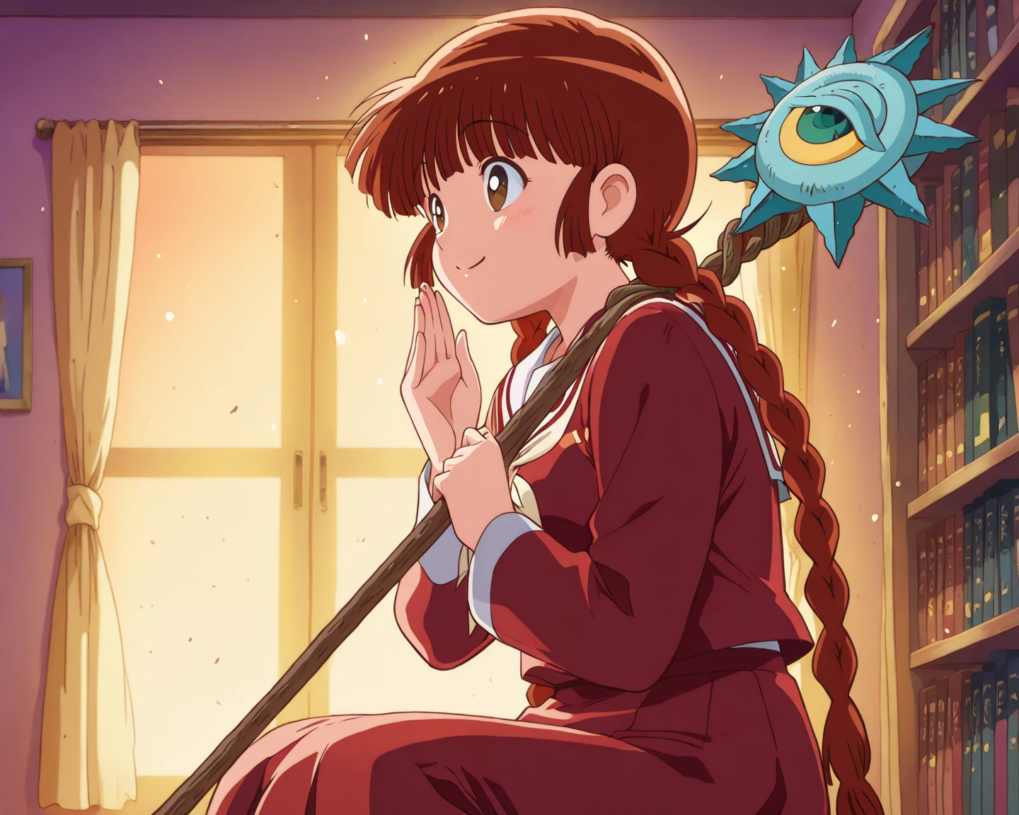 1adult woman, solo, side view, anime style, dramatic pose, sitting alone in her room at dusk, holding an old magic staff gently in her hands, looking at it with a nostalgic and wistful smile, soft lighting, slight glow from the staff, dust particles floating, bookshelf in background, emotional atmosphere, kukurijin from Magical Circle Guru Guru, medium breasts, brown hair, 18 years old, twin braids, school uniform, staff, relieved smile, motion_blur, motion_lines, masterpiece, best quality, highly detailed, extremely detailed, absurdres, 4k, 8k, super resolution, intricate details, perfect anatomy