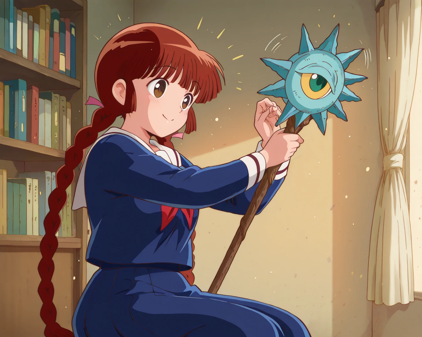 1adult woman, solo, side view, anime style, dramatic pose, sitting alone in her room at dusk, holding an old magic staff gently in her hands, looking at it with a nostalgic and wistful smile, soft lighting, slight glow from the staff, dust particles floating, bookshelf in background, emotional atmosphere, kukurijin from Magical Circle Guru Guru, medium breasts, brown hair, 18 years old, twin braids, school uniform, staff, relieved smile, motion_blur, motion_lines, masterpiece, best quality, highly detailed, extremely detailed, absurdres, 4k, 8k, super resolution, intricate details, perfect anatomy