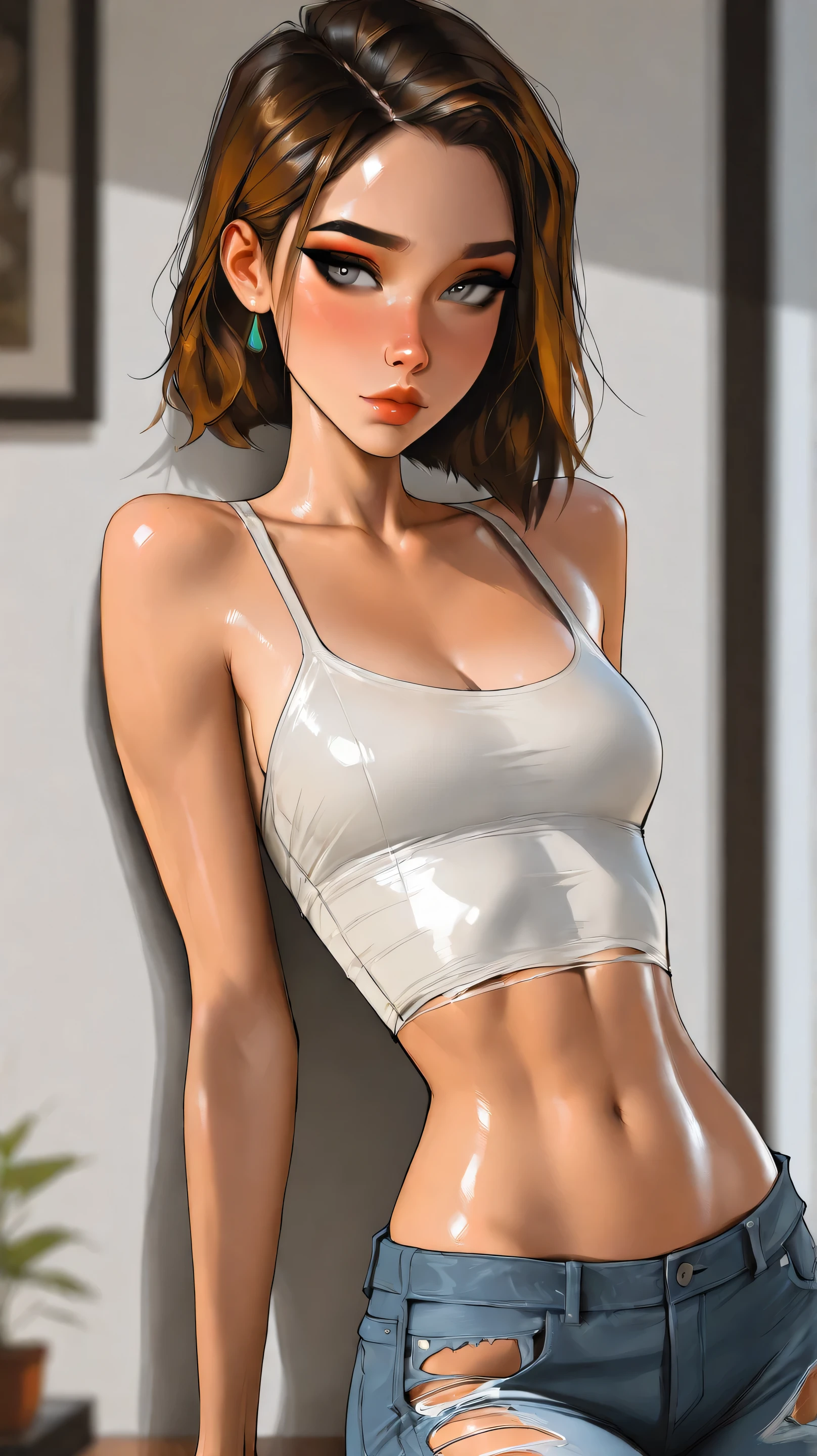 TEW2Juli, 1girl, skinny, short brown hair, gray greenish eyes, eyeliner,   seductive, torn up baggy jeans, , sam yang, shirow masamune art style, masterpiece, best quality, very aesthetic, movie quality, depth of field, soft saturation, focused subject, ,official style, shiny skin, closeup, max_de (maxine_de for IL