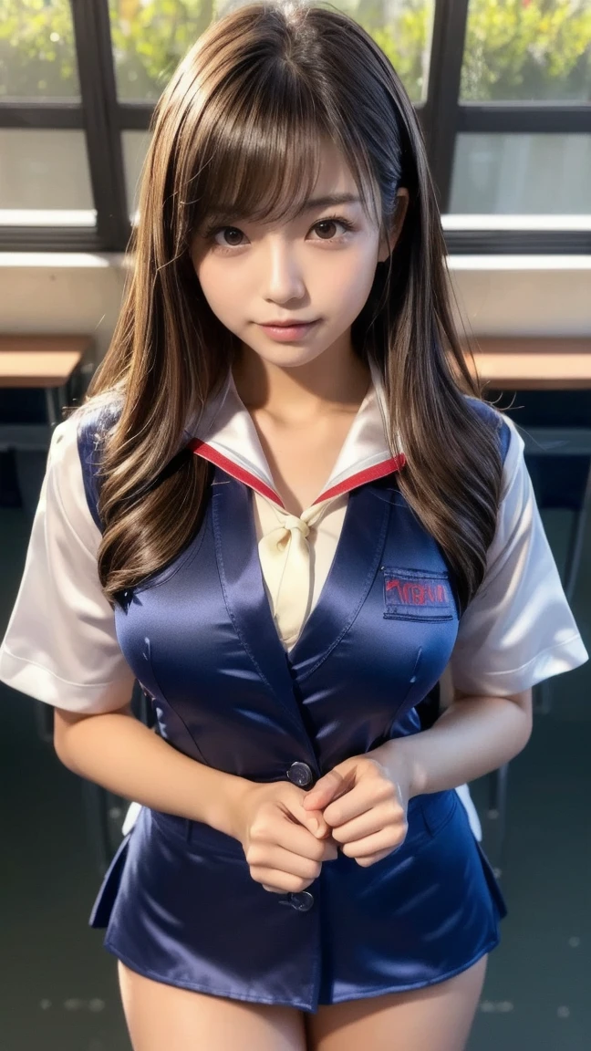(8k, RAW Photos, Highest quality, masterpiece), Very detailed, Ultra-high resolution, Girl 1, , Beautiful and elaborate face, smile, teeth, Nurse uniform, panties, Professional Lighting, Detailed room, indoor, hospital、district、Full body photo, Neat、Whole Body Ezbian、White socks、Cleavage