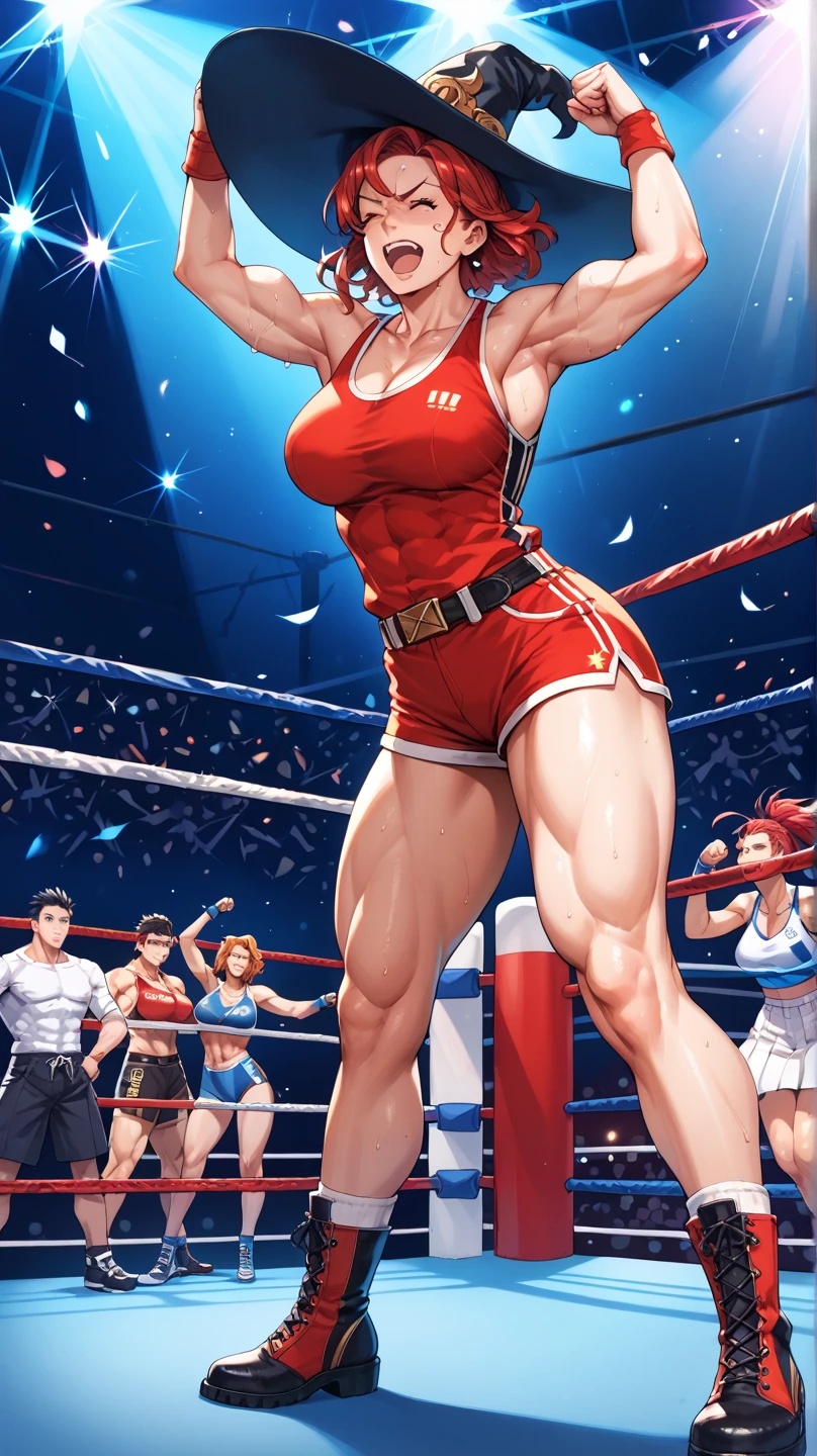 18 years old sporty woman, red shorts, red open jacket, black micro sports bra, fighting pose, sexy busty muscular body, slim waist, large breasts, thick bust, thick thighs, full body, bob length hair, sweating, in boxing ring, black boots, choker necklace, nsfw,