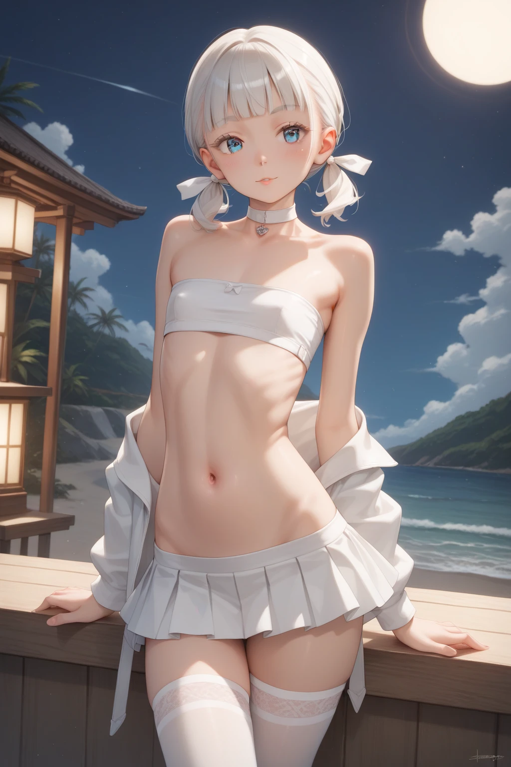 1girl in, 独奏, White polo shirt, White sneakers, Tennis Wear, white mini-skirt, tmasterpiece, best qualtiy, realisticlying, ultra - detailed, (shiny skins, perspired:1.4), absurderes, looking at viewert, With short black hair, with brown eye,slenderness,dynamic light and shadow,hight resolution,Sharp Focus,depth of fields,The eyes are delicate,Sharp pupils,pupil realistic,(smallunderboob:1.6),(Thighs thick:1.0),outside of house,Skysky，barechested