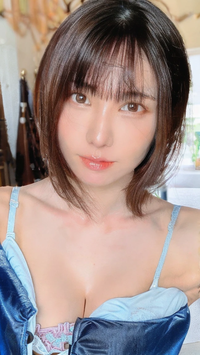 (Surreal), (Awareness-raising), (High resolution), (8k), (Very detailed), (The best Awareness-raisingns), (Beautiful attention to detail), (Highest quality), (Ultra-detailed), (masterpiece), (wallpaper), (Detailed face), (Beautiful smile)、(Beautiful expression)、(Black-haired)、Medium short bob cut hair、Straight Hair、Iris、Bangs with earrings、necklace、 solo、(((Beautiful girl with cute Japan)))、 ((Beautiful 20 year old Japanese girl in bright blue sexy lace lingerie))、 (((Sexy lace bra in bright blue)))、(((Bright blue sexy lace panties)))、((Bright blue small sexy panties))、((Baby Face))、(((G Cup Big)))、(((hugeな胸!!!!)))、 (((huge !!!!)))、Same size as body、Stand outdoors、((Big Breasts))、 (((Glamorous Body)))、A little chubby、 Gravure Model、Seductive Pose、(R-18), Looking into the camera