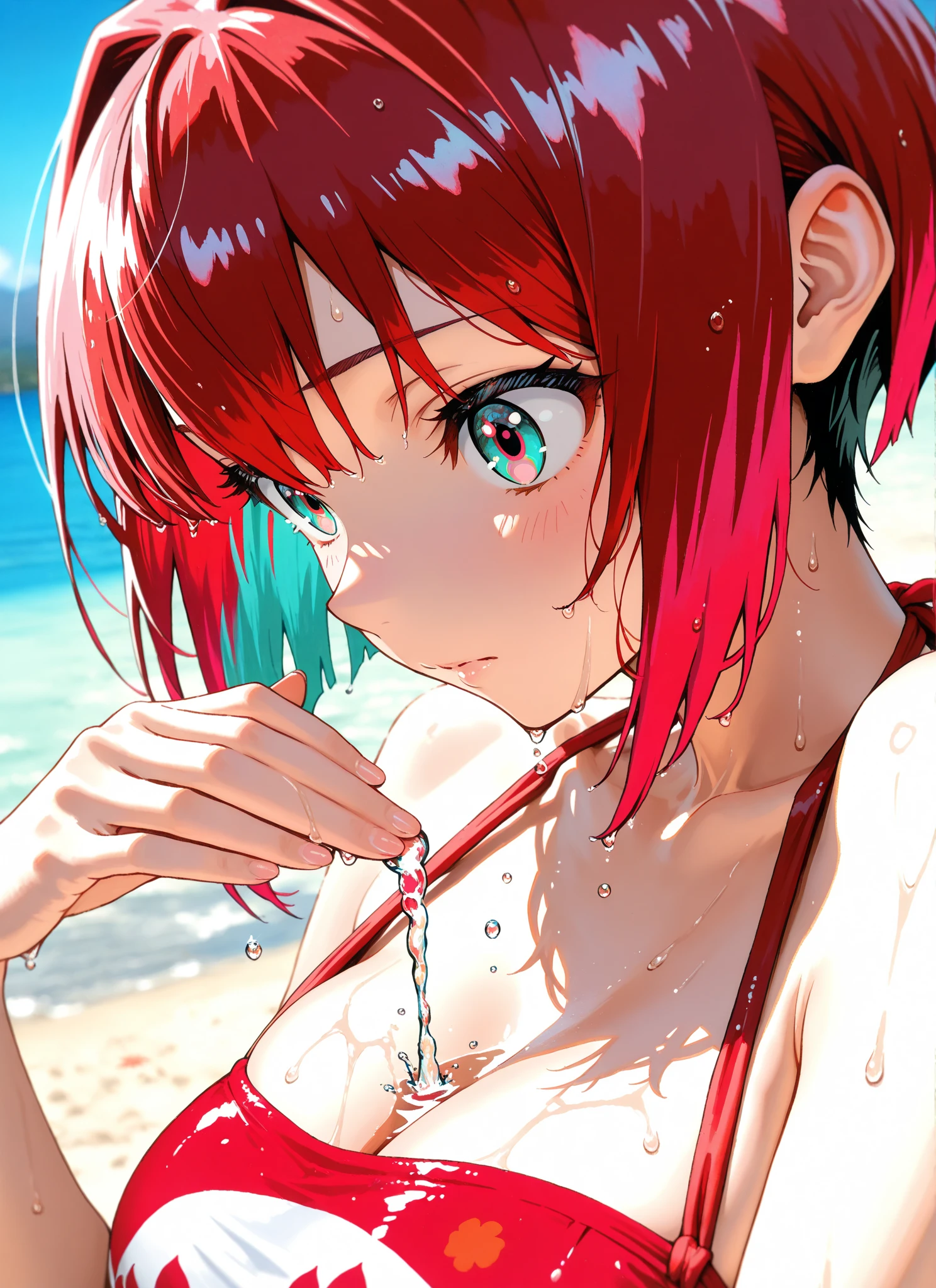 short hair, (Red hair:1.2), x Hair ornament, Red eyes,One person,Swimwear, Highest quality, masterpiece, High resolution,常summer、summer、Beach、noon、playing、highest quality, skin texture, intricate details, (cinematic lighting), RAW photo, 8k ,high definition detail,