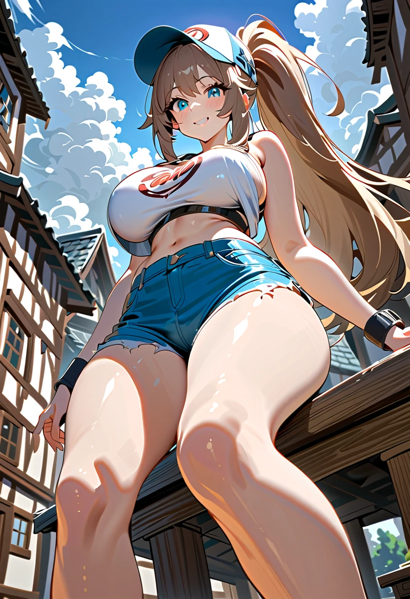 (((masterpiece))), ((highest quality)), (Very detailed), ((High resolution)), ((8k)), (Anatomically correct), One Woman, Big Breasts, Chestnut Hair, Bun hair, Long Hair, Twin tails, Very cute woman, delicate, Charming smile, Blue eyes, Bright Eyes, Best moment, Vivid eyes, cute, Beautiful Skin, cute顔, delicateな腕, Detailed skin texture, Intricate details, Very detailedな顔, Beautiful Eyes, Waistline, Night cityscape, , Sweat, Beautiful legs, Looking up, Denim shorts, Short-length jacket,