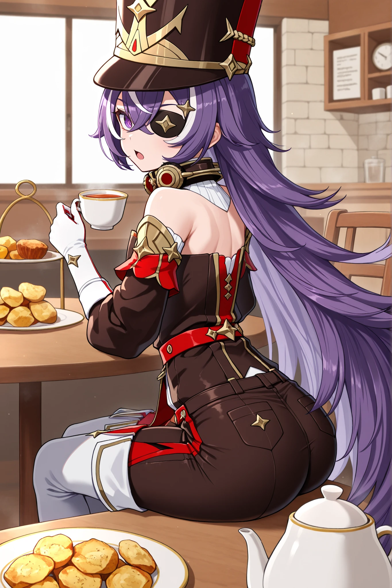 masterpiece, top quality, solo, Curvy,, zzChevreuse, PURPLE EYES, hair between the eyes, Long Hair, multicolored hair, purple hair, striped hair, white hair, has, earmuffs, eye patch, bare shoulders, Gold trim, 黒 butt under pants, butt under pants, Puff Sleeves, Detachable Collar, pantyhose, white thigh high boots, upper body,from side,emberrassed,視聴者をじっと見つめている,open mouth,恥ずかしい,inheat, stare at viewers,coffee shop,sitting chair,table,tea time,cup,table,fried potato, cup, teacup, teapot,chair, sitting,,上体,視聴者をじっと見つめている,,恥ずかしい, 立っている , 上半身 , 顔に集中する,汗