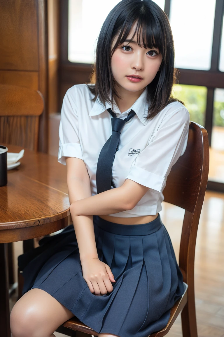 (masterpiece, best quality:1.2), a hyperrealistic schoolgirl, solo, 1girl, yukinoshita yukino, (shiny skin, wet skin:1.2), sweating, slight smile, looking at viewer, on all fours, school uniform, white shirt, plaid skirt, thighhighs, afternoon, classroom hyperrealistic schoolgirl