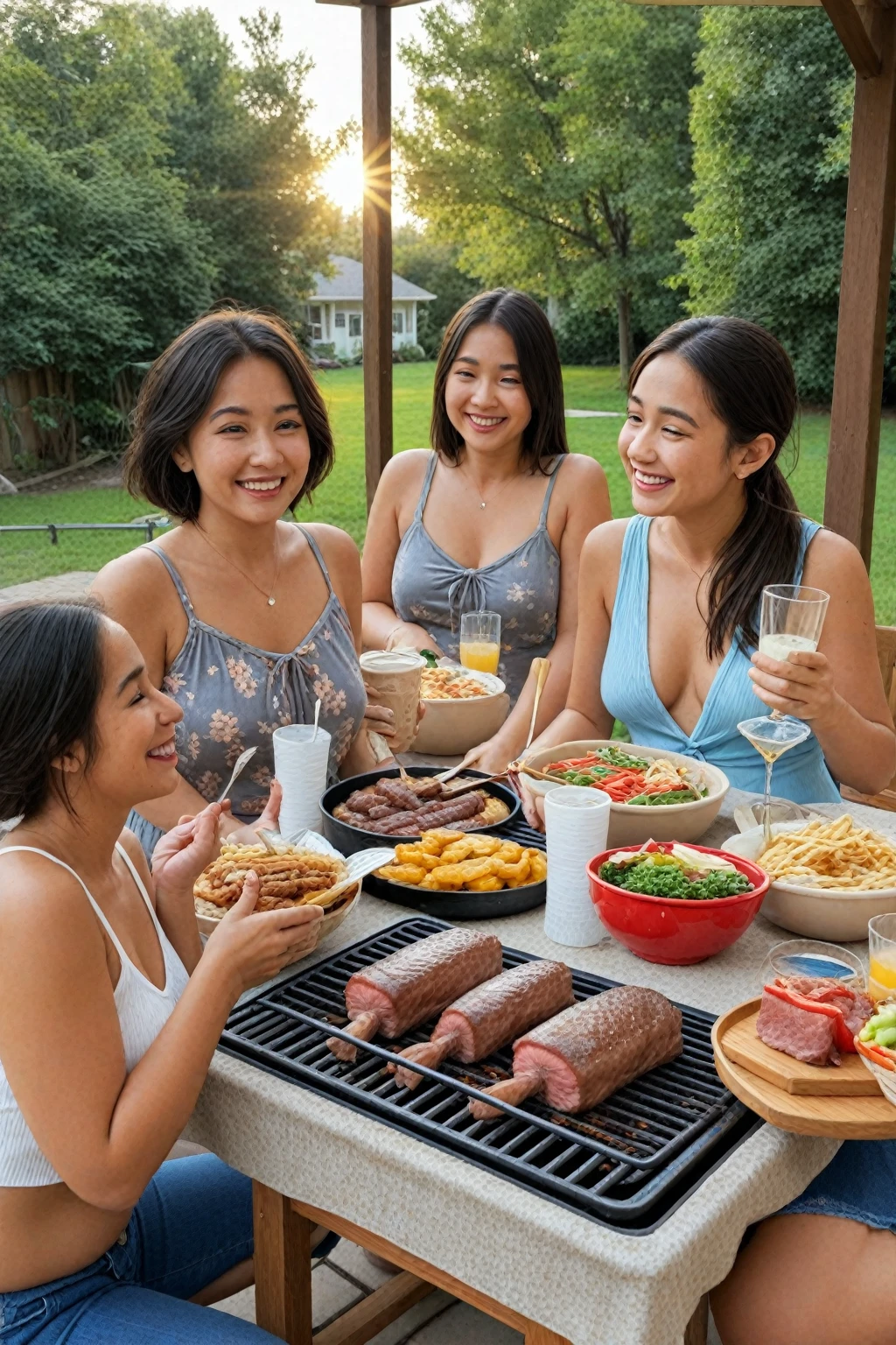 Two Asian men and two Asian women enjoying a barbecue