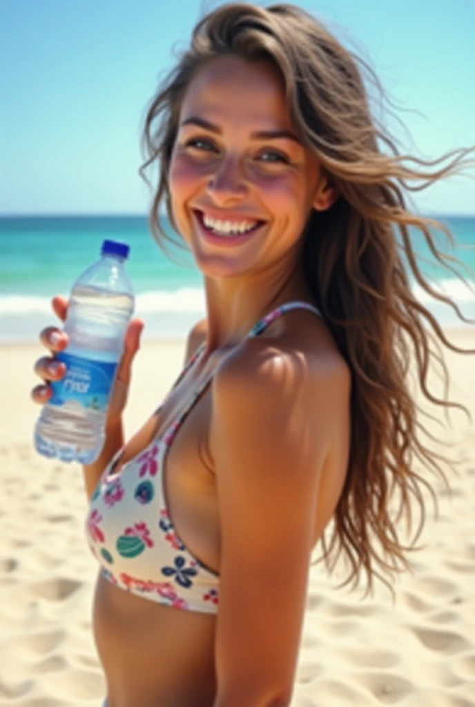 girl drink water, age 25, solo, casual outfit, short brown hair with highlights, green eyes, freckles across her nose, athletic build, wearing a white tank top and denim shorts, one hand lightly holding the water bottle, curved lips slightly parted in a playful smile, a pearl necklace around her neck, sitting on a wooden stool, bare feet on the ground, vibrant details, a realistic depiction of natural beauty, water droplets cascading down the bottle and onto her hand for added visual interest.