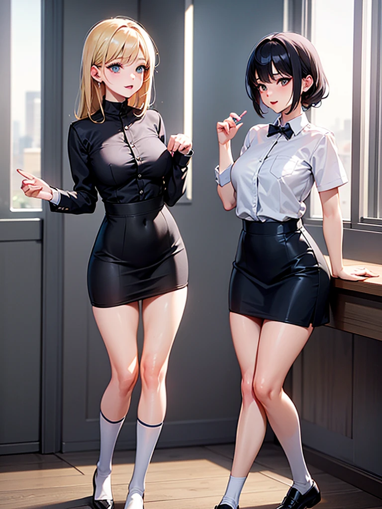2girls, Table hump, rubbing the perineum, white shirt, pencil skirt, office, white panty, skirt lift, strap, a table, elevation, multiple boys,A thought-provoking liquid,, Masterpiece, Best Quality, Highly detailed, (From Bottom:1.1)