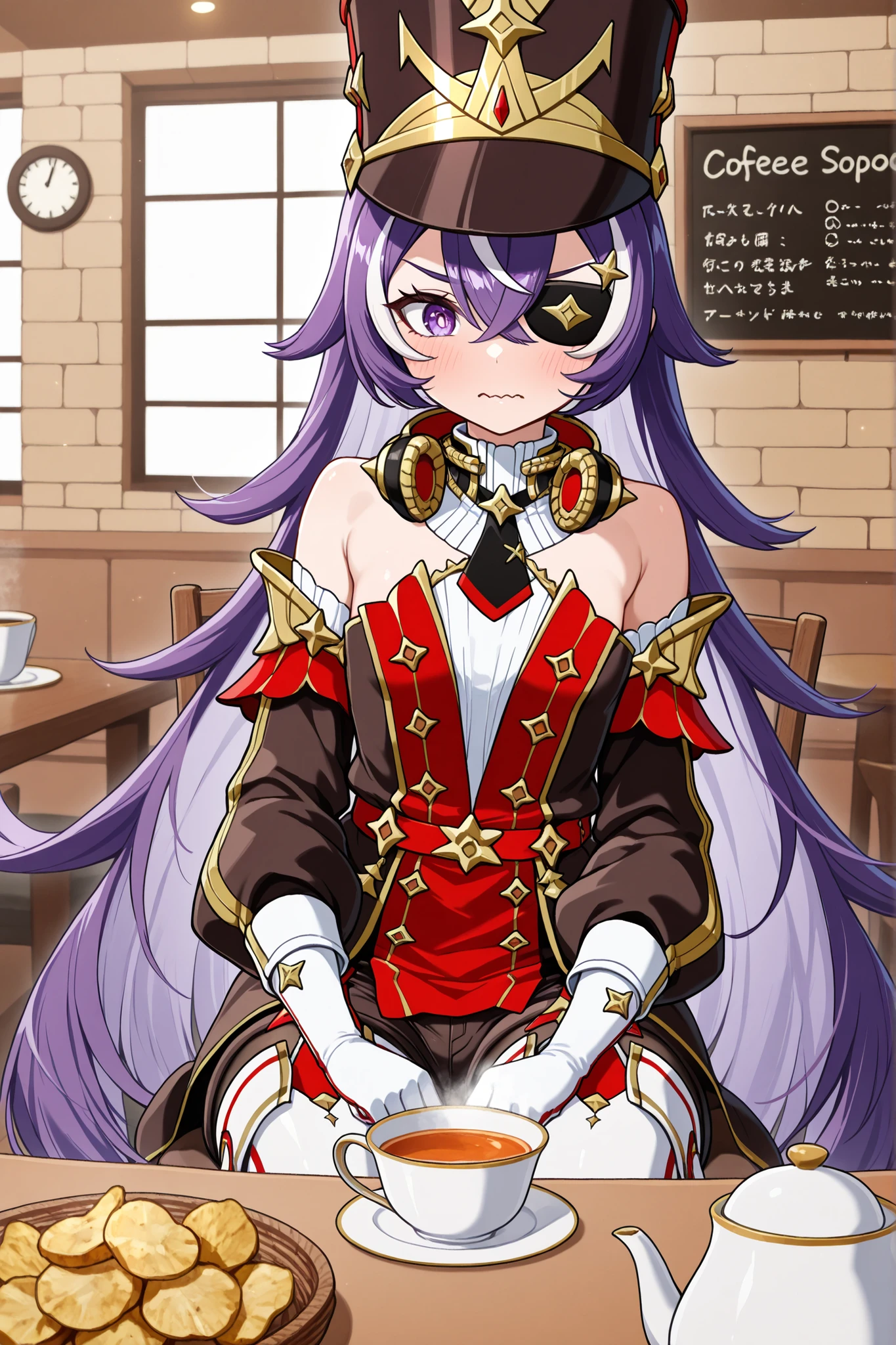 masterpiece, top quality, solo, Curvy,, zzChevreuse, PURPLE EYES, hair between the eyes, Long Hair, multicolored hair, purple hair, striped hair, white hair, has, earmuffs, eye patch, bare shoulders, Gold trim, 黒 butt under pants, butt under pants, Puff Sleeves, Detachable Collar, pantyhose, white thigh high boots, upper body,emberrassed,視聴者をじっと見つめている,wavy mouth,恥ずかしい,inheat, stare at viewers,coffee shop,sitting chair,table,tea time,cup,table,fried potato, cup, teacup, teapot,chair, sitting,,上体,視聴者をじっと見つめている,,恥ずかしい, 立っている , 上半身 , 顔に集中する,汗