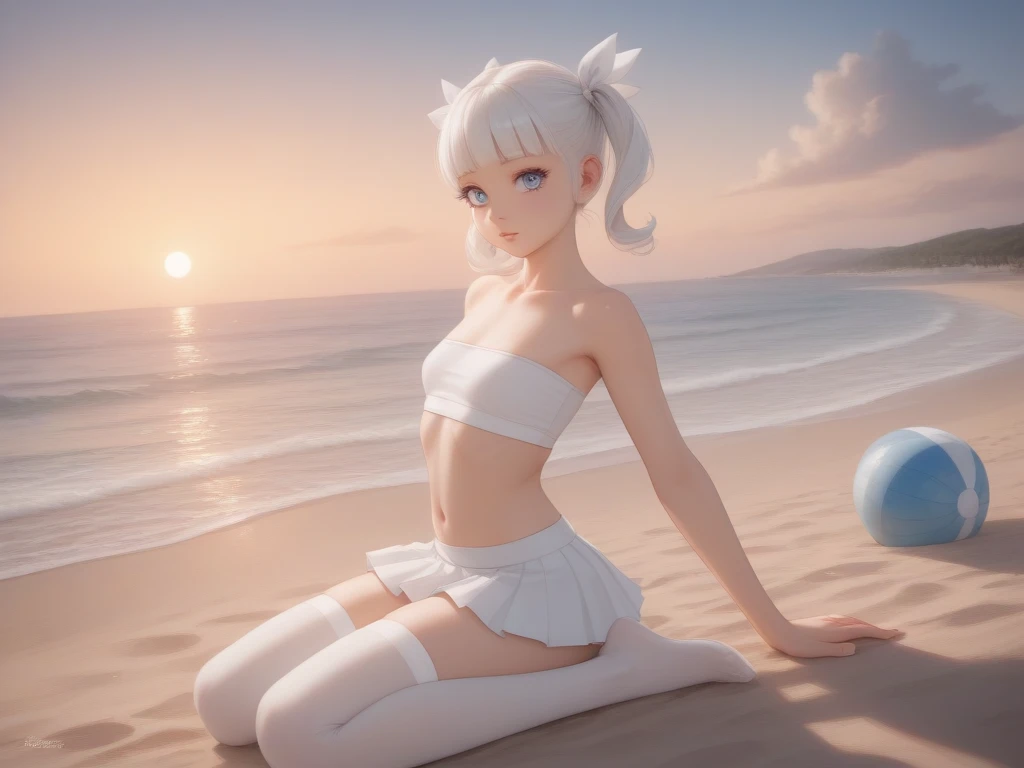 a beautiful woman with short white hair wearing a white bikini, standing on a sandy beach, looking out at the calm and serene ocean, (best quality,4k,8k,highres,masterpiece:1.2),ultra-detailed,(realistic,photorealistic,photo-realistic:1.37),detailed eyes,detailed lips,extremely detailed face and body,long eyelashes,beautiful detailed skin,ocean waves,blue sky with fluffy clouds,golden sunlight,glowing warm colors,soft focus,professional photography
