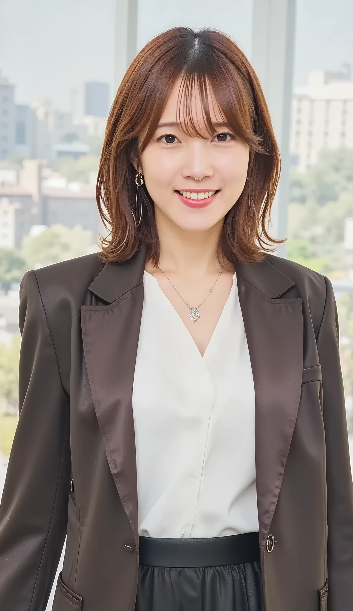 Neat Young Woman、and look at the camera、office lady suit、jacket、shirt、necklace、ear piercing、黒髪、、smile showing teeth、背景はオフィス