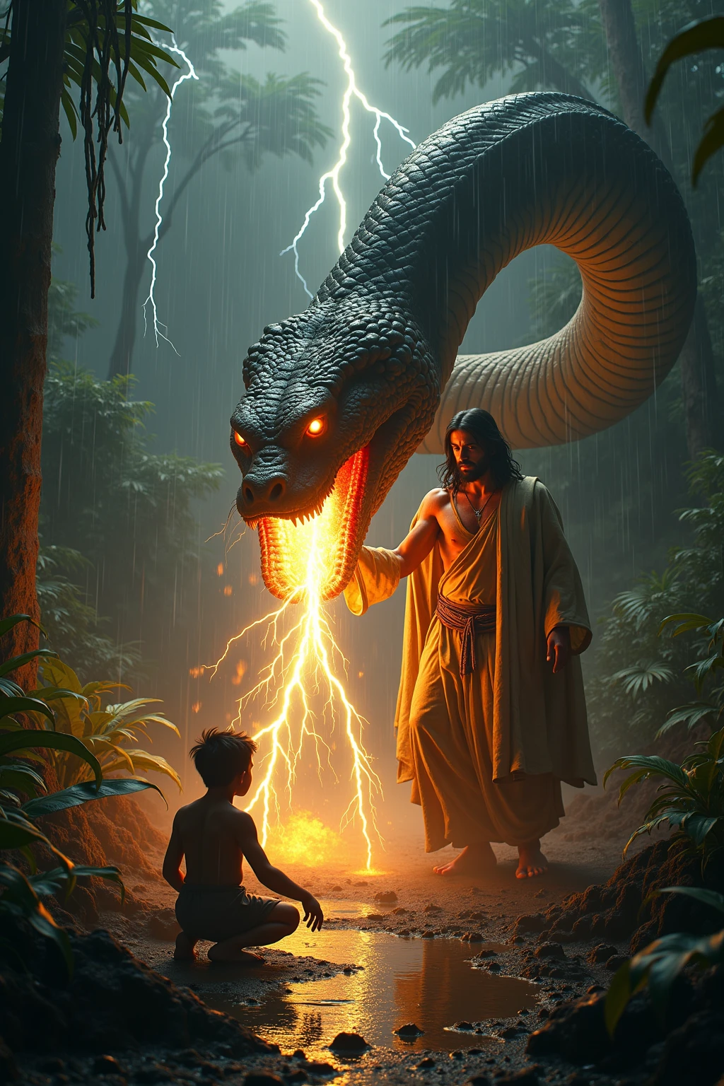 Snake surrounding a Eucharistic cup wanting to attack a child