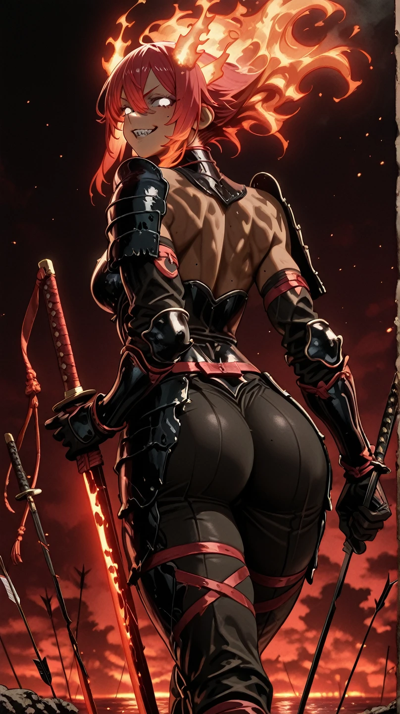 back view, looking over her shoulder, Red skin succubus tiefling, medium breasts, huge ass, big butt, black horns, wings, huge tail, black leather, crop top, long flowing pelvic curtain, tall, athletic, graceful, thin, long black ponytail. Action scene, whip. Dark scene, explosions, night sky.