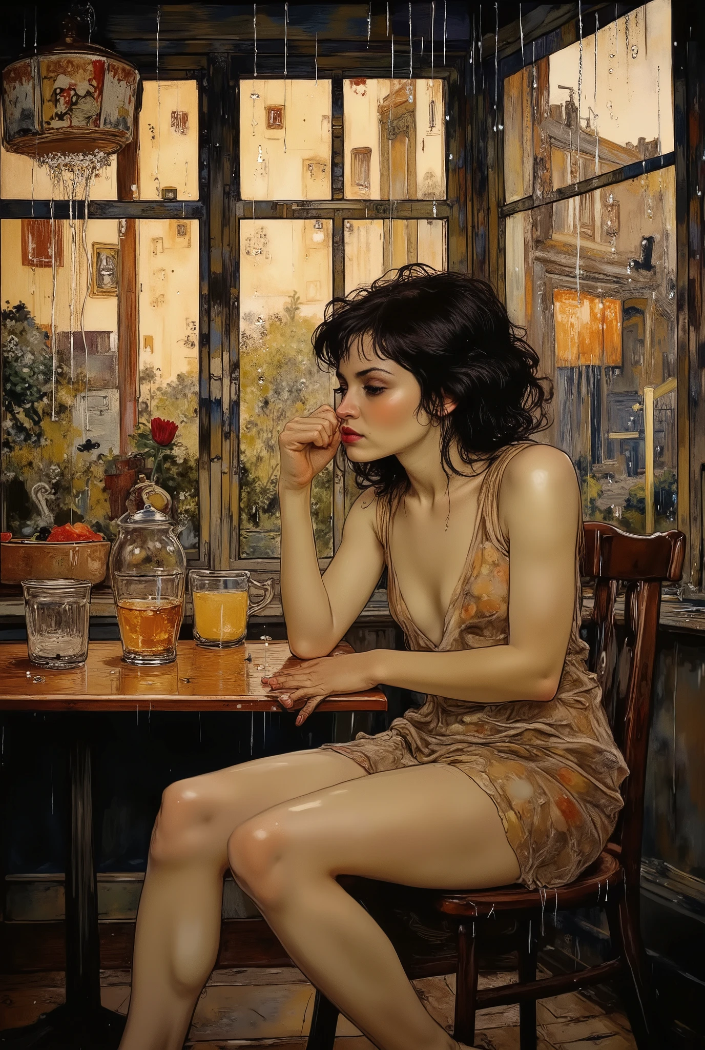 Relaxing in the Rain Cafe, Girl sitting at the table by the window, is pensive looking out of the window, It's raining outside, Water drops flowing down the glass, Raindrops in a puddle,  The girl wears  (Wet), The girl in the dress has black hair ((Wet from the rain)), photorealism, professional shooting.