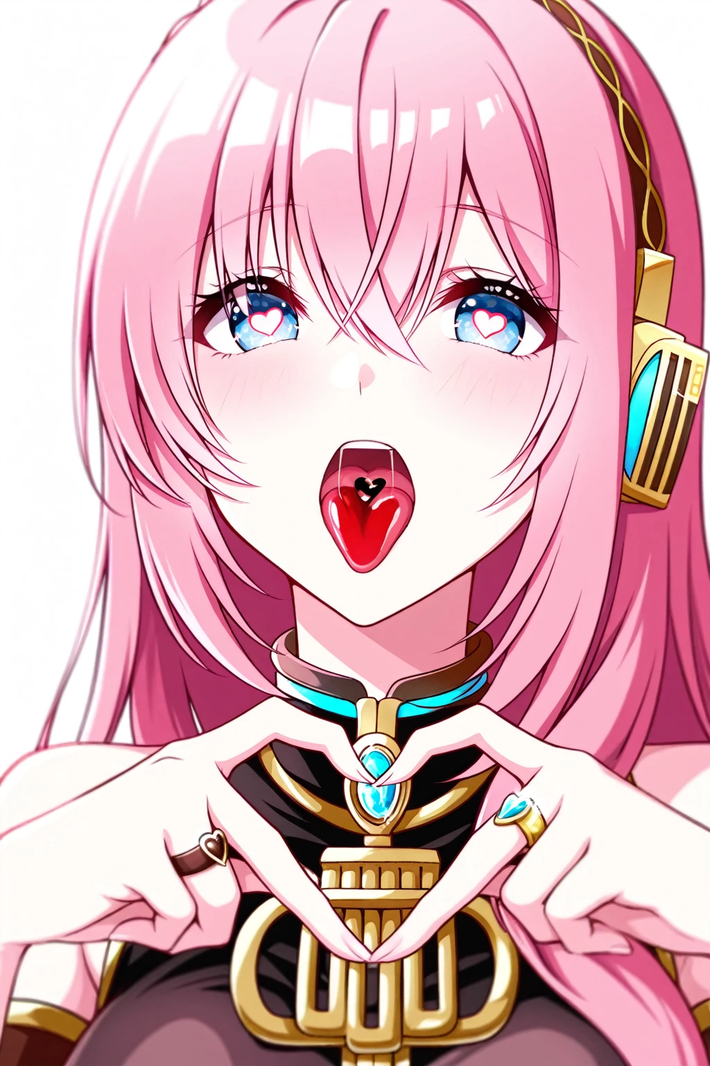 NSFW masterpiece,Beautiful adult woman ,Megurine Luka,Megurine Lukaの公式衣装,headphone,Black costume with gold decoration,Pink long hair,blue eyes,Embarrassed expression,blush,Open your mouth,D cup breasts,Put a short penis between your breasts,Titty fuck,Bedroom