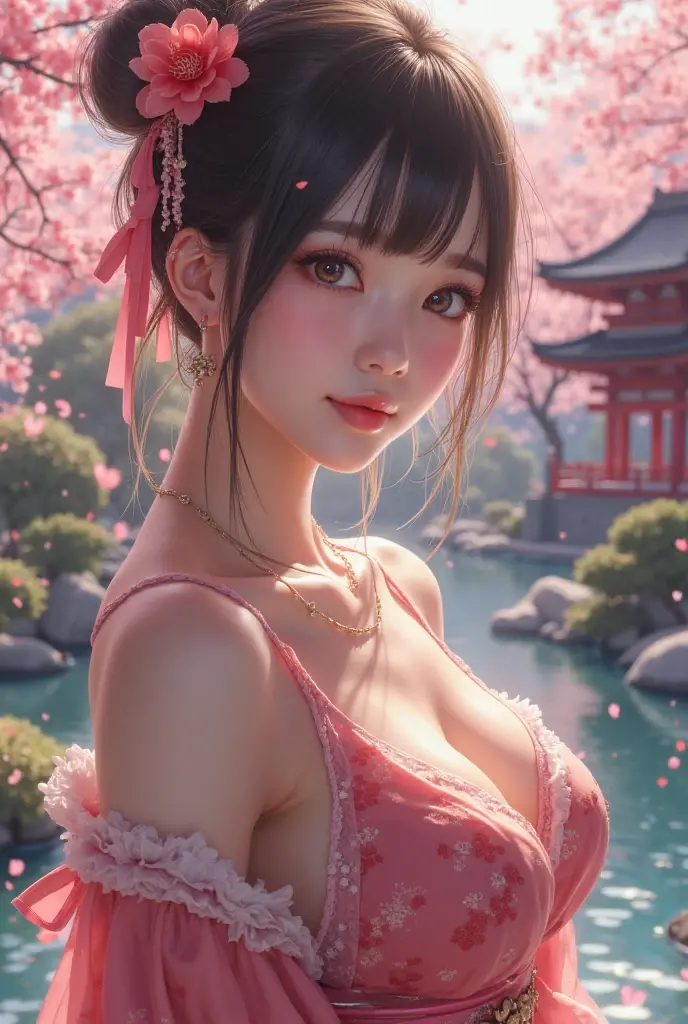 (beautifull lady with very gigantic breast, medium ponytail hair, spread legs lying near pink sakura tree) ,(detailed strapless flower bra), (detailed kimono), (flower earring), (flower crown), (show cleaveage), (show underboobs) , (show sideboobs), (show thigh), (detailed flower hairpin), (detailed flower underboobs ornament), (detailed luxury flower chest ornament), (detailed luxury flower arm ornament), (detail flower hips ornament), expensive detailed flower necklace, (very gigantict:1,9), beautifull pink sakura tree, detail sakura tree, detail pink flower field, detail pink flower background, beautifull face, pretty face, beautifull eyes, beautifull nose, sexy lips, pink nails, raytracing, nsfw, beautifull fingers, beautifull hands, sexy belly, sexy body, sexy shoulders, sexy legs, sexy hips, (luxury bracelet), (luxury ring), (luxury earring), (luxury necklace), black nails , blue eye, (4 fingers in 1 hand), white skin, full body picture, pretty makeup
