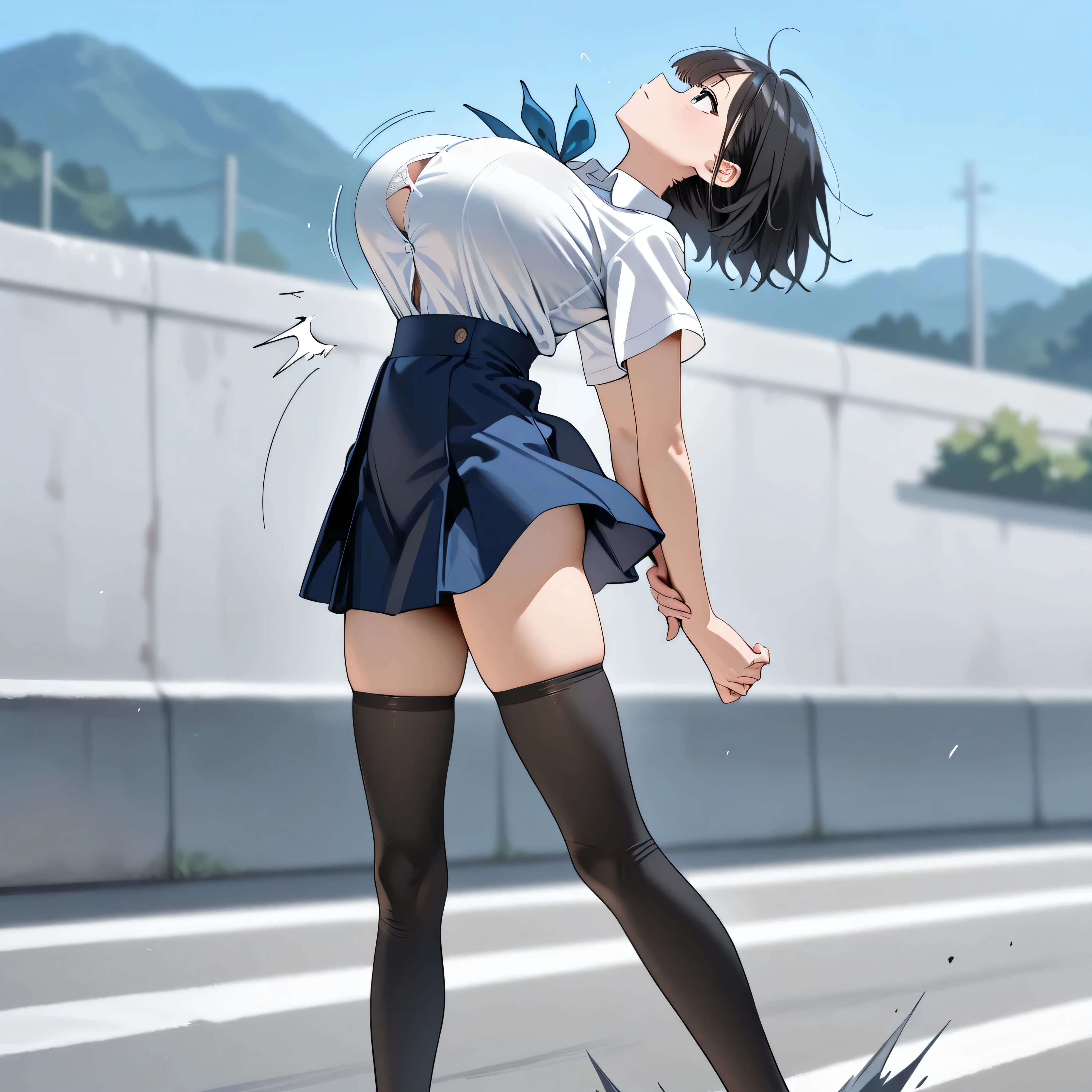 (solo), skinny girl standing in primary school, arms behind back, (very short tight brm), (thigh gap:1.2), (gym uniform), (swaying back), (show off cameltoe for viewer:1.2), (bursting huge breasts:1.2), (disproportionately huge breasts), BREAK, long (skinny legs), BREAK, school buildings in background, BREAK, nsfw, orgasm, expressionless, coverd erectile nipples, (coverd erectile clitoris:1.2), (brm digging deep into cameltoe), (blood dripping down on thighs from cameltoe:1.5)