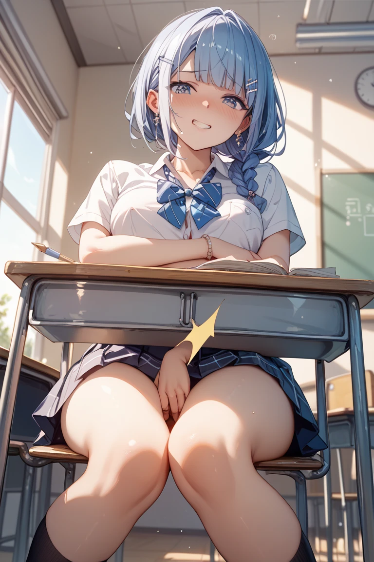 (8K, 最High quality, Tabletop:1.2)、超High resolution、Bright blue hair、blue eyes、 girl、Small breasts、Braided half bob hair、uniform、Me in a knitted cardigan、 girl、Looks about 15 years old、Petan Musume、 the classroom、(missionary, 1boy, penis, lying, vaginal, ass pov,sex, nsfw)、quality, High resolution, Very detailed, Detailed Background, Perfect lighting、masterpiece、Best image quality、最High quality、、 (cryin) ,Cute Characters, Most detailed, High quality、nose blush、steam、Oblique angle、Shiny Hair、Very fine and beautiful bright eyes、 scared、Very detailed, clear and beautiful face、Slender body、Awards, Anatomically correct、((Scared))