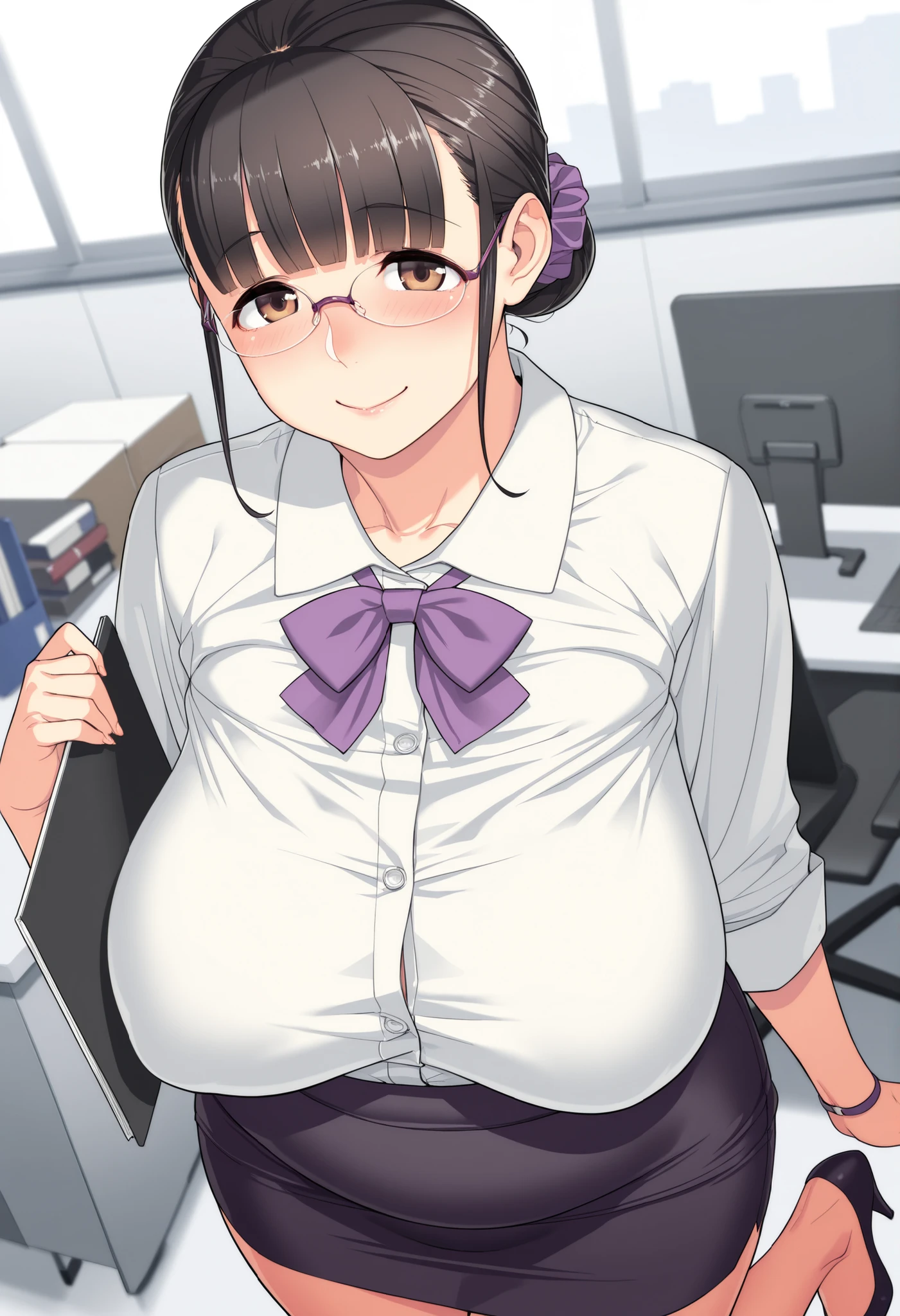 Masterpiece, best quality, detailed face, detailed eyes, HULisa, brunette hair, ponytail, glasses, semi-rimless glasses, ribbed sweater, office, desk, computer, sitting, office lady, office chair, miniskirt, (style - King Bun: 0.8) ((sweaty blush, big breasts, biting on a condom, holding a condom with, condom on the chest, condom after use))