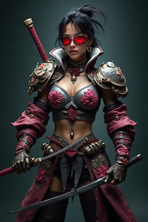 أخت في ملابس زهرية مع سيف ساموراي