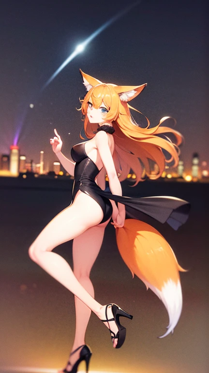 50 meters tall, tall girl, huge breast, 2 part swim siut, standing still, long blond hair, blond fox ears, blond fox tail, standing on small city